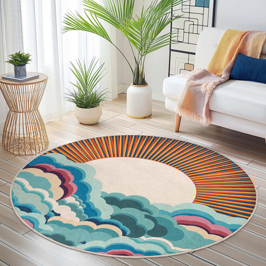 Colorful Round Cloud and Sun Rug, Decorative Round Area Rug, Bohemian Round Carpet, Modern Living Room Decor, Unique Round Floor Mat