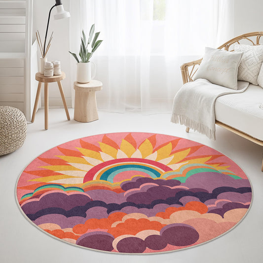 Sunrise and Rainbow Round Area Rug, Colorful Bohemian Rug, Vibrant Home Decor, Modern Round Carpet, Living Room Accent Rug, Artful Floor Mat