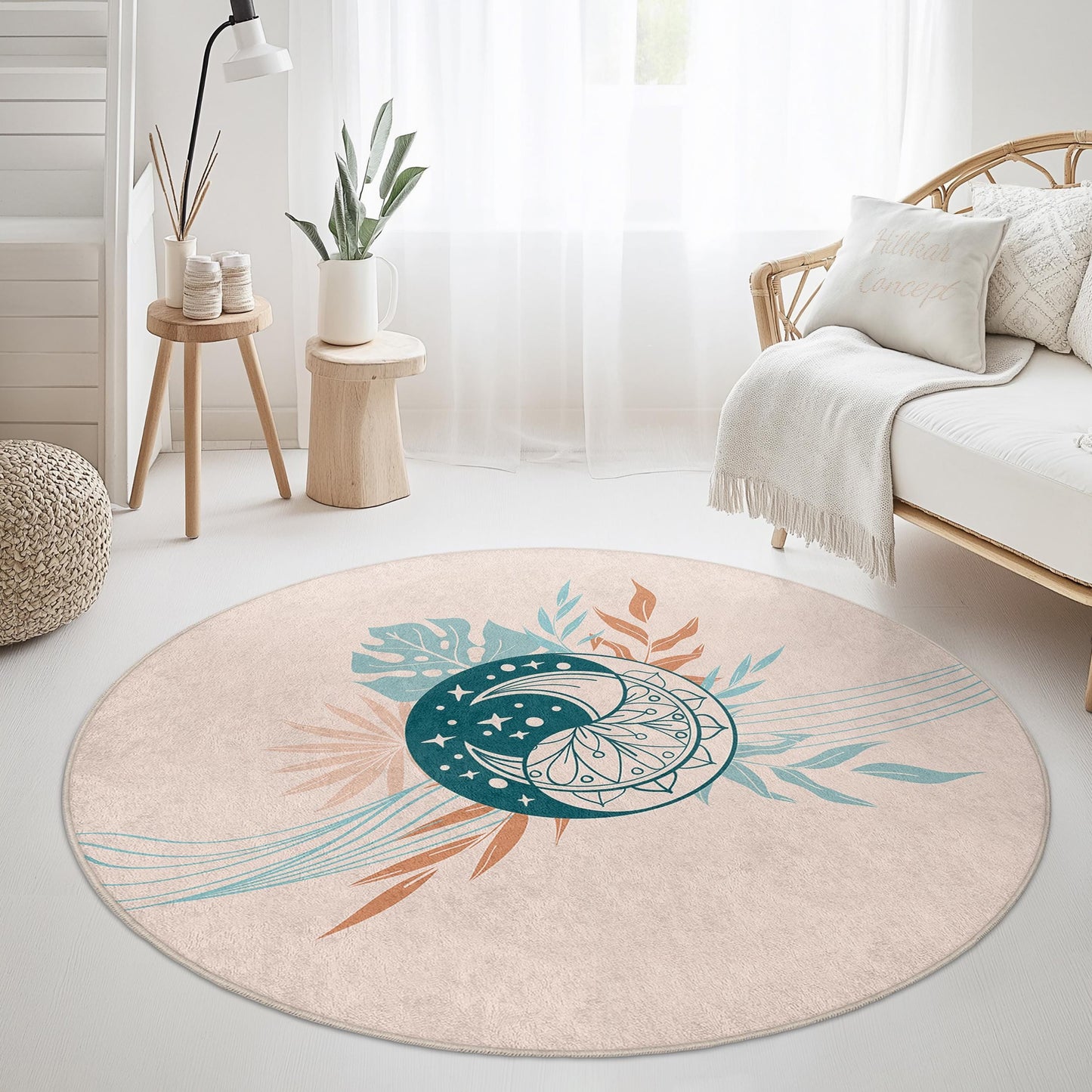 Bohemian Round Area Rug, Floral Circle Rug, Soft Decorative Rug, Living Room Carpet, Modern Home Decor, Round Floor Mat