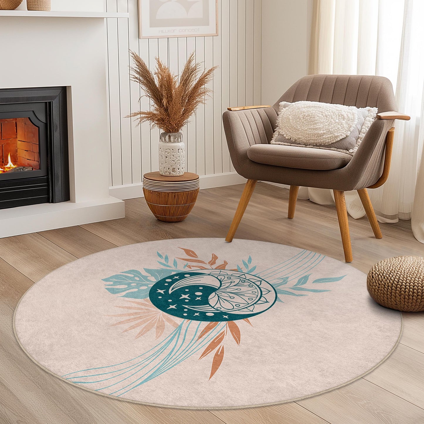 Bohemian Round Area Rug, Floral Circle Rug, Soft Decorative Rug, Living Room Carpet, Modern Home Decor, Round Floor Mat