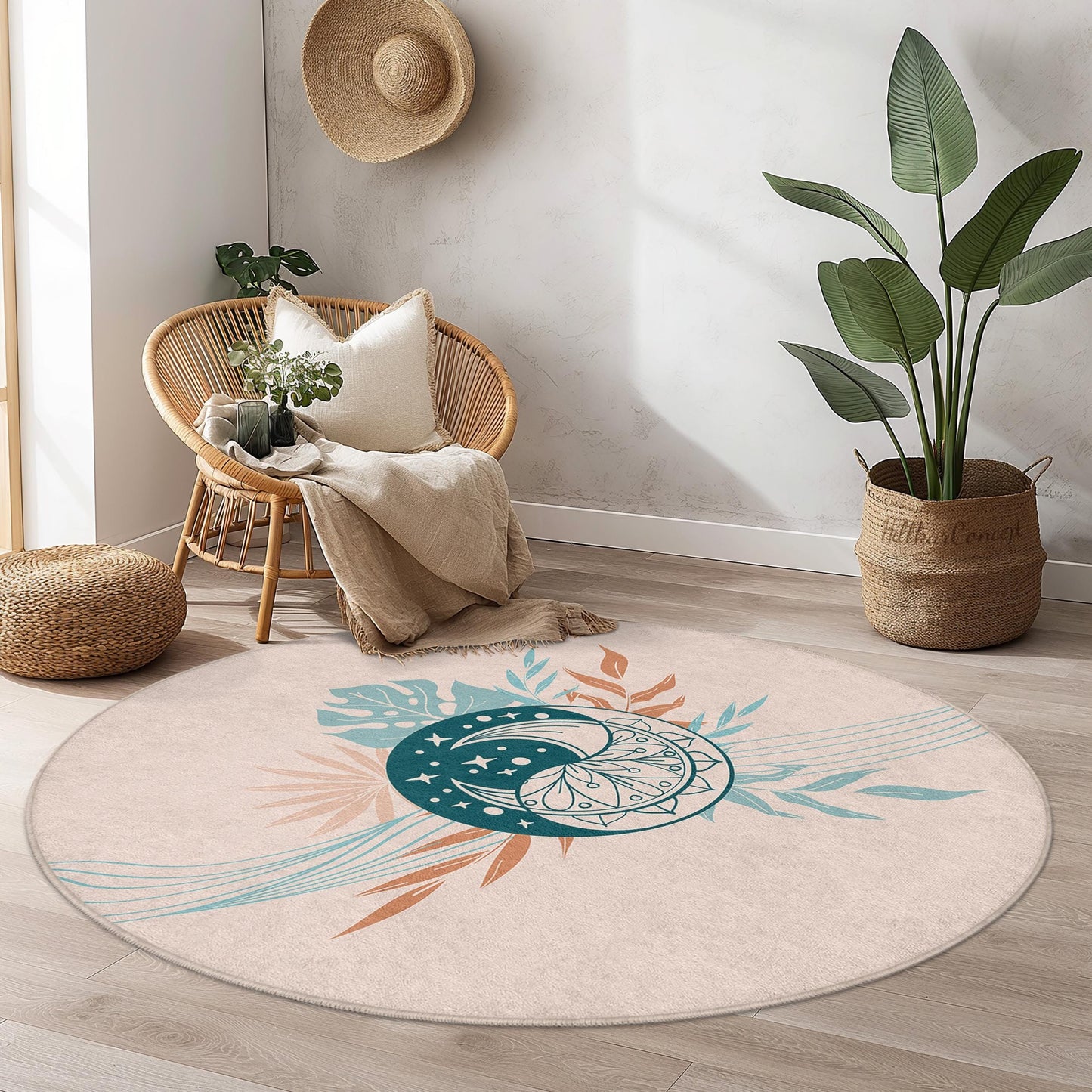 Bohemian Round Area Rug, Floral Circle Rug, Soft Decorative Rug, Living Room Carpet, Modern Home Decor, Round Floor Mat
