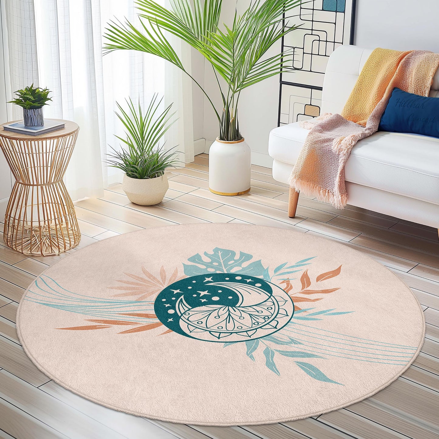 Bohemian Round Area Rug, Floral Circle Rug, Soft Decorative Rug, Living Room Carpet, Modern Home Decor, Round Floor Mat