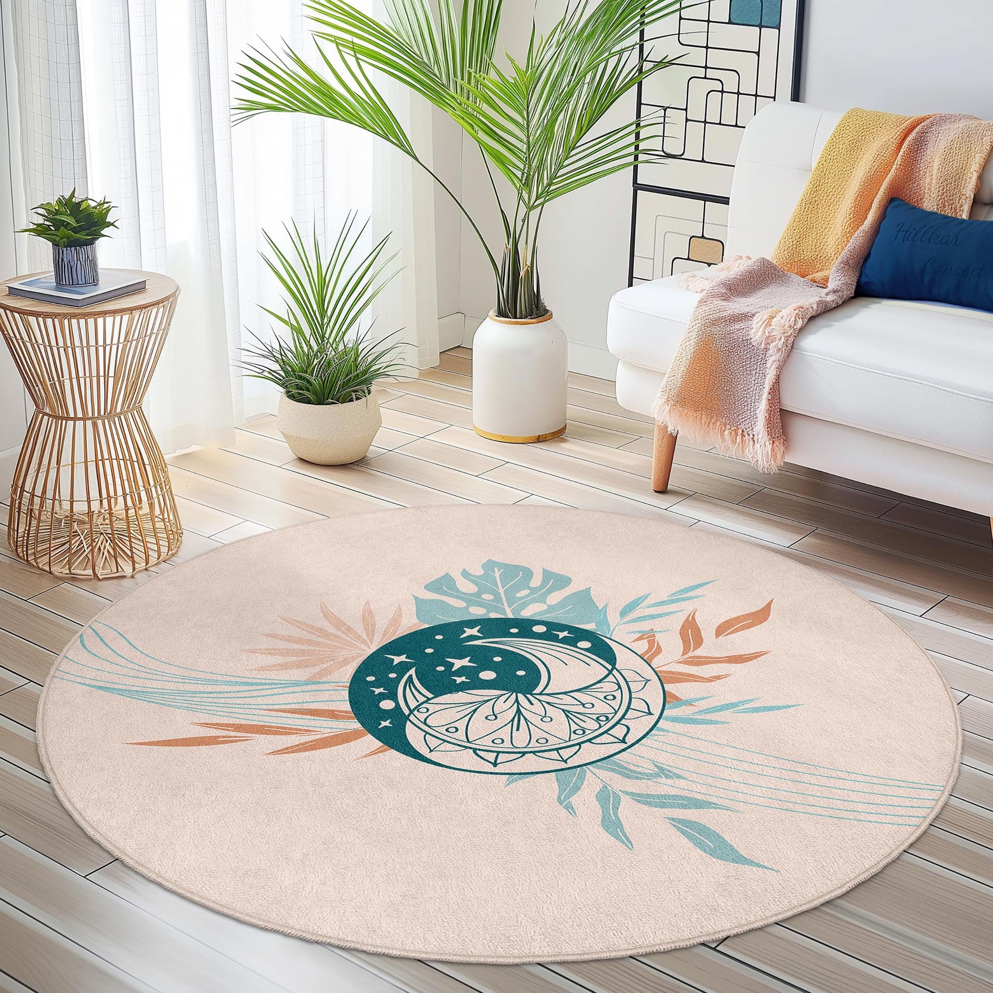 Bohemian Round Area Rug, Floral Circle Rug, Soft Decorative Rug, Living Room Carpet, Modern Home Decor, Round Floor Mat