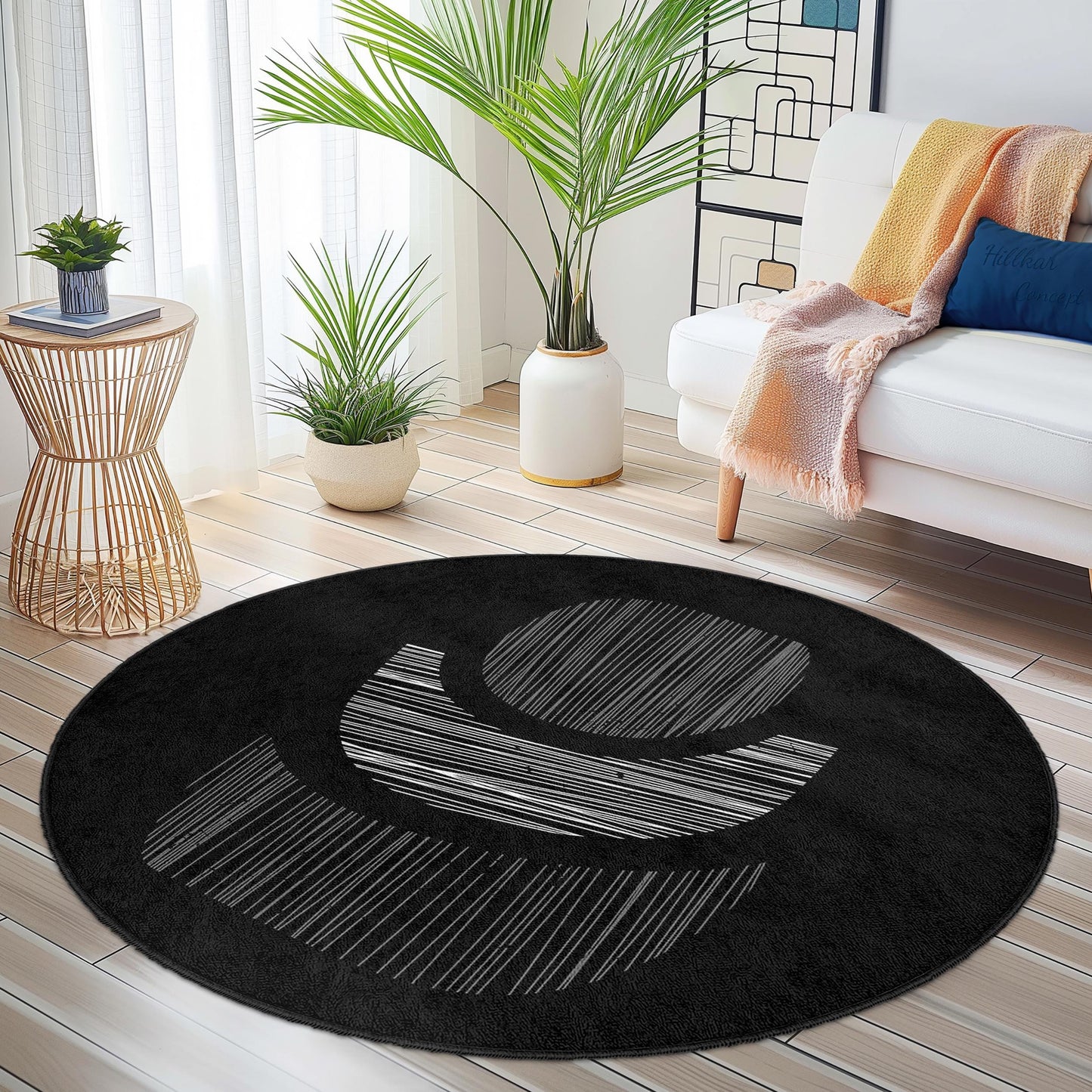 Abstract Black and White Round Area Rug, Modern Circle Carpet, Soft Decorative Floor Mat, Living Room Accent Rug, Home Decor