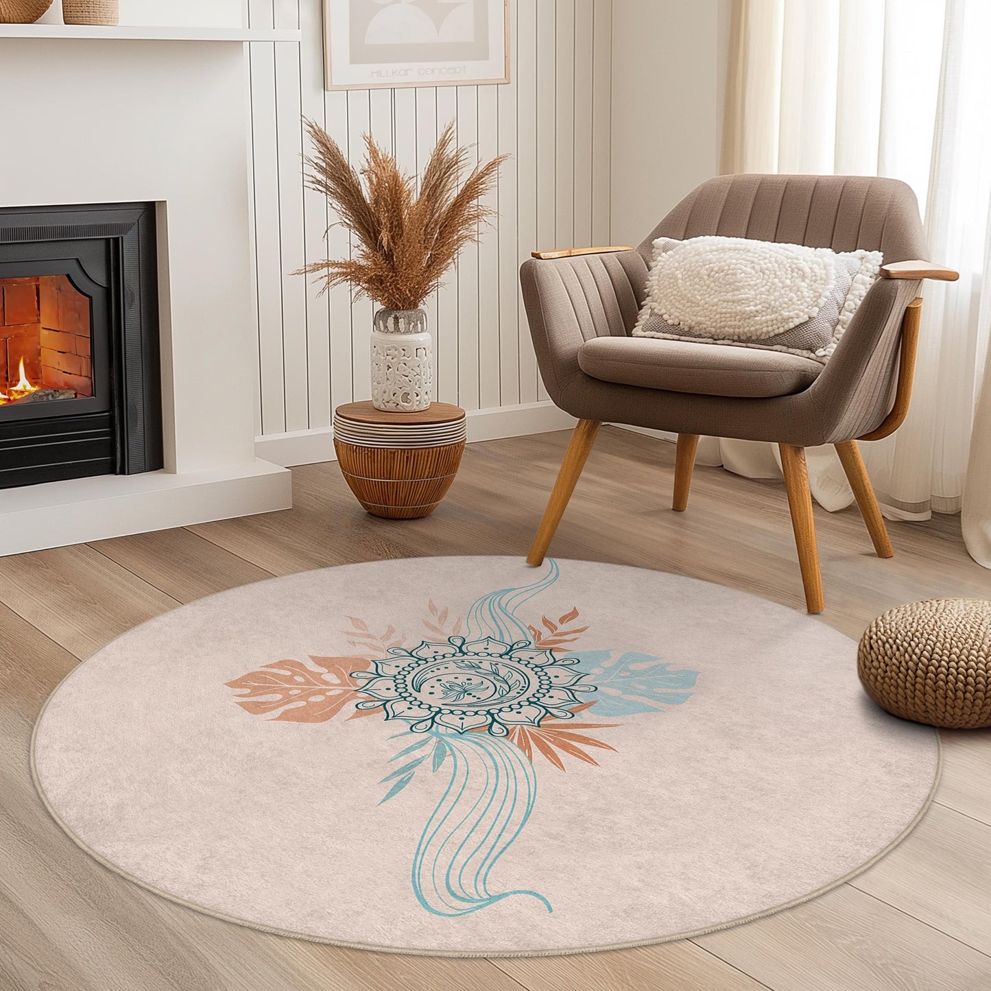 Bohemian Floral Round Area Rug: Vintage Style Soft Circle Carpet