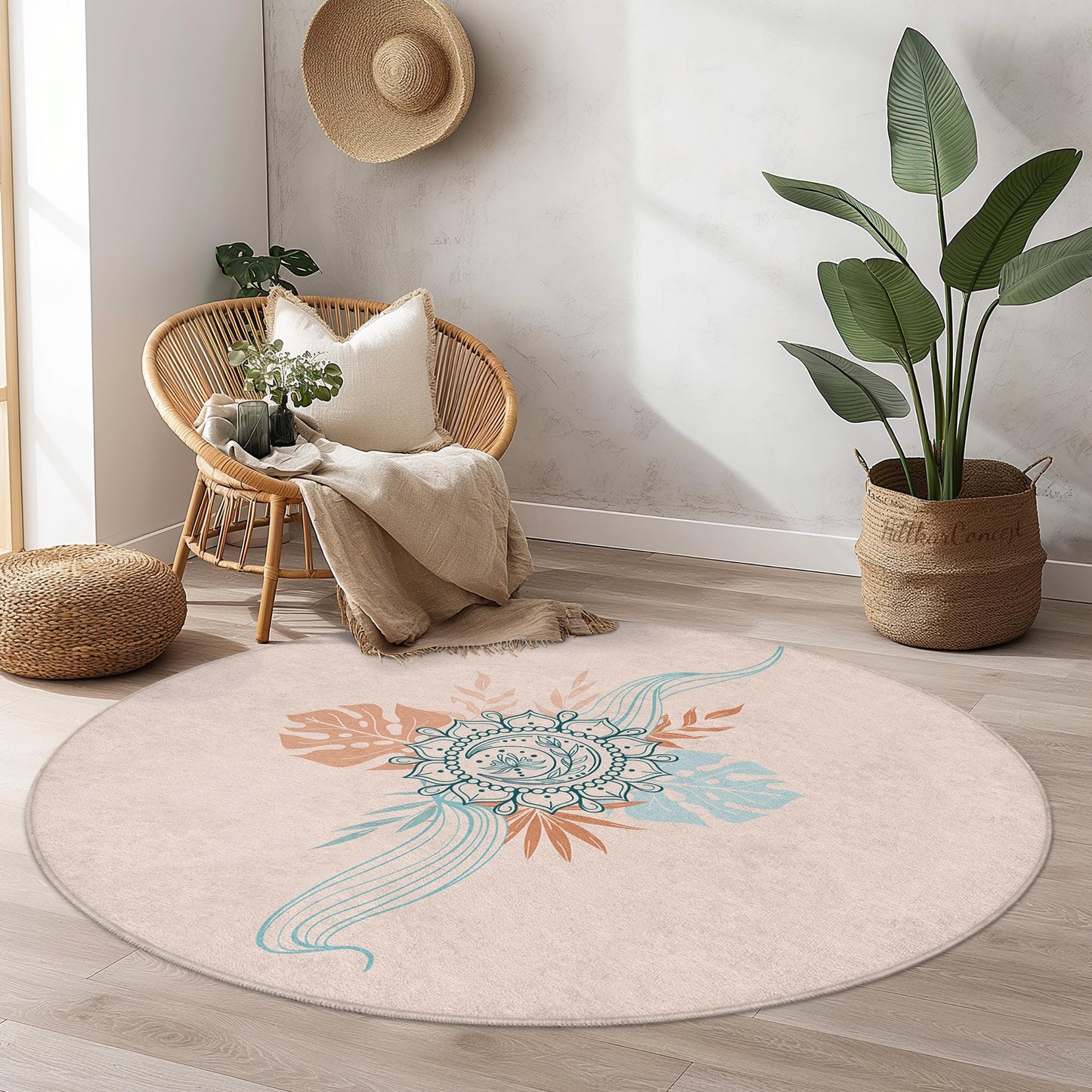Bohemian Floral Round Area Rug: Vintage Style Soft Circle Carpet