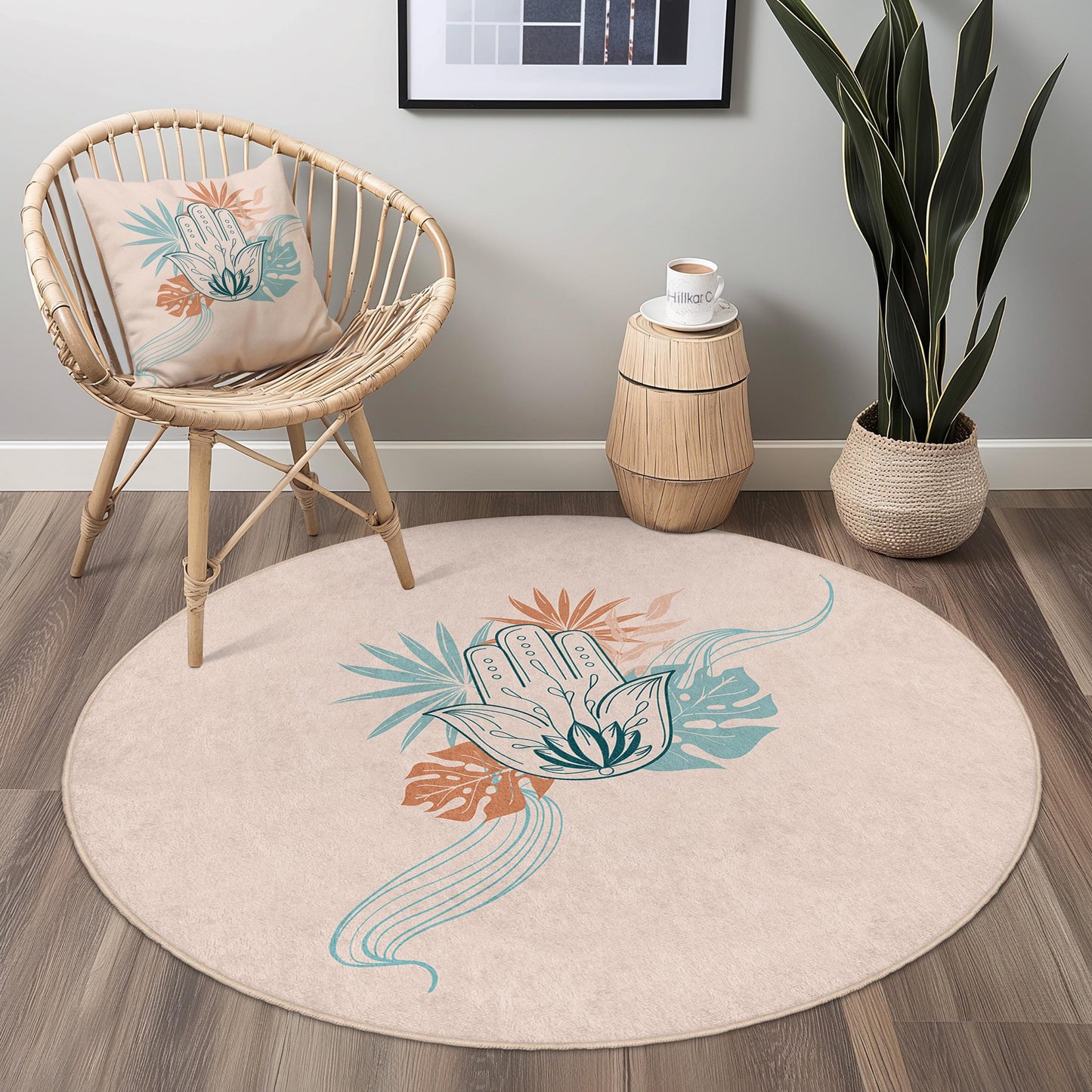 Bohemian Round Area Rug, Hand Design Round Carpet, Floral Round Rug for Living Room, Bedroom Decor, Unique Round Floor Mat