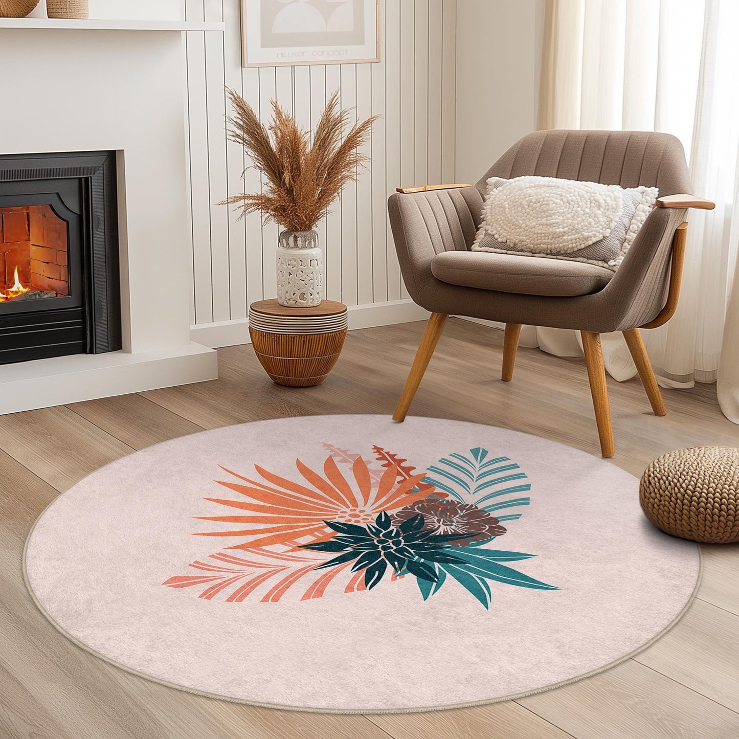Floral Round Area Rug, Bohemian Floral Design, Round Decorative Rug, Living Room Decor, Soft and Cozy Rug for Home