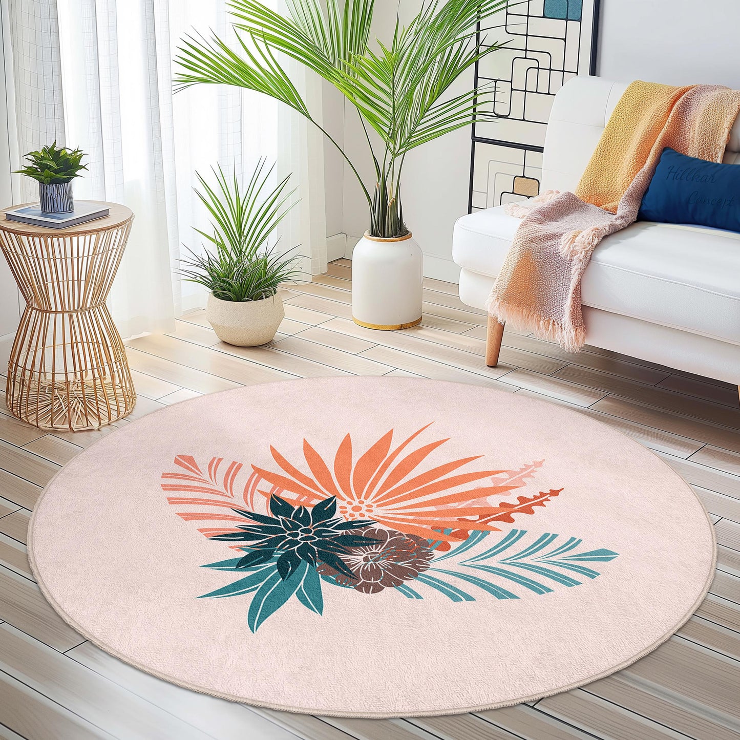Floral Round Area Rug, Bohemian Floral Design, Round Decorative Rug, Living Room Decor, Soft and Cozy Rug for Home