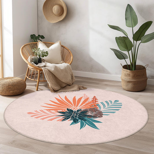 Floral Round Area Rug, Bohemian Floral Design, Round Decorative Rug, Living Room Decor, Soft and Cozy Rug for Home