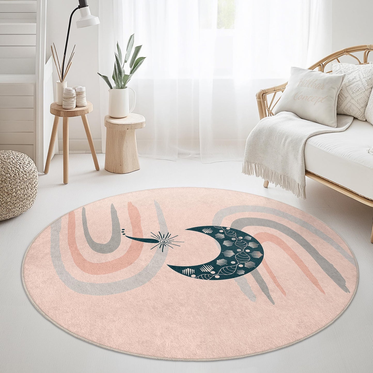 Elegant Round Moon and Wave Pattern Rug, Boho Style Area Rug, Soft Circular Carpet for Home Decor, Unique Floor Mat