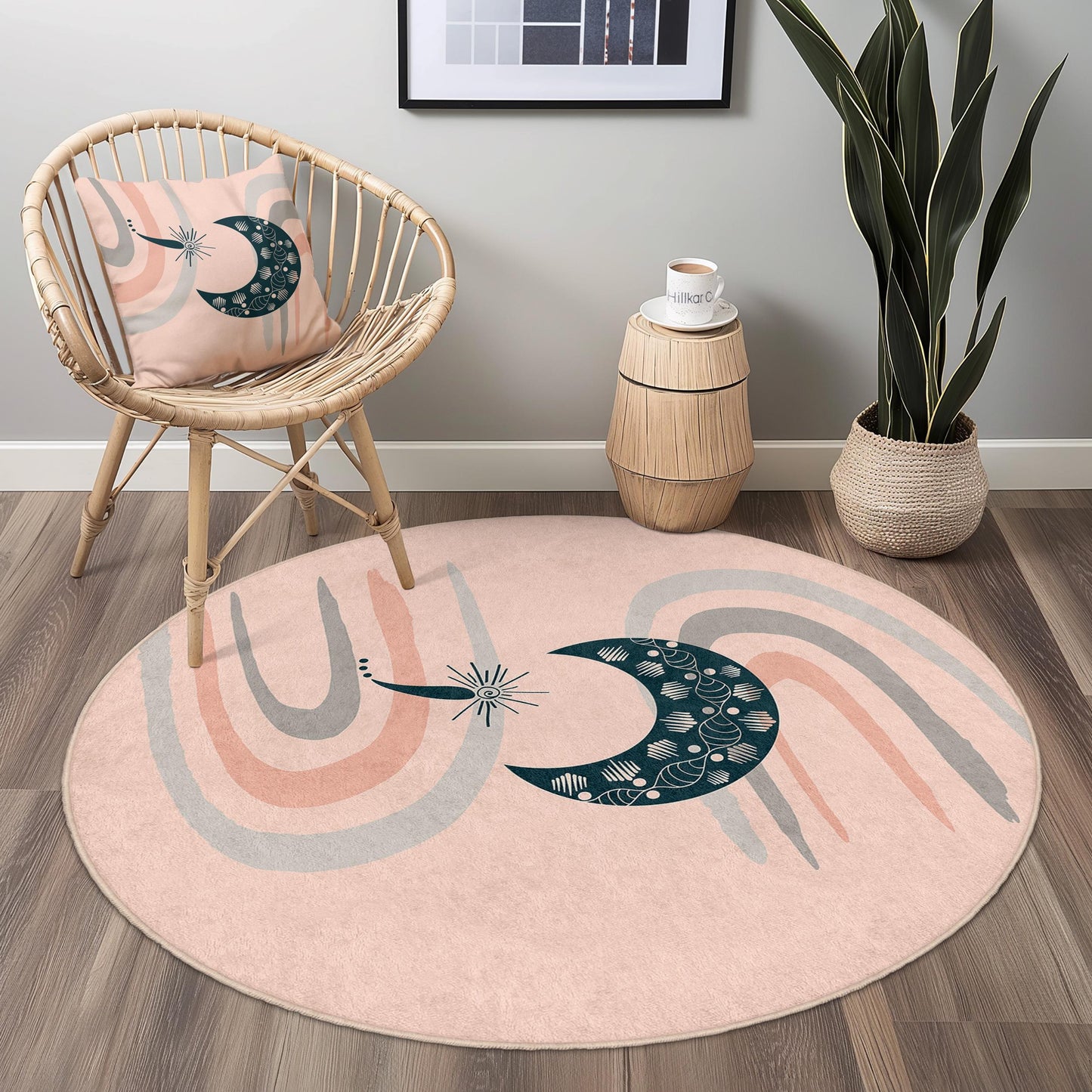 Elegant Round Moon and Wave Pattern Rug, Boho Style Area Rug, Soft Circular Carpet for Home Decor, Unique Floor Mat