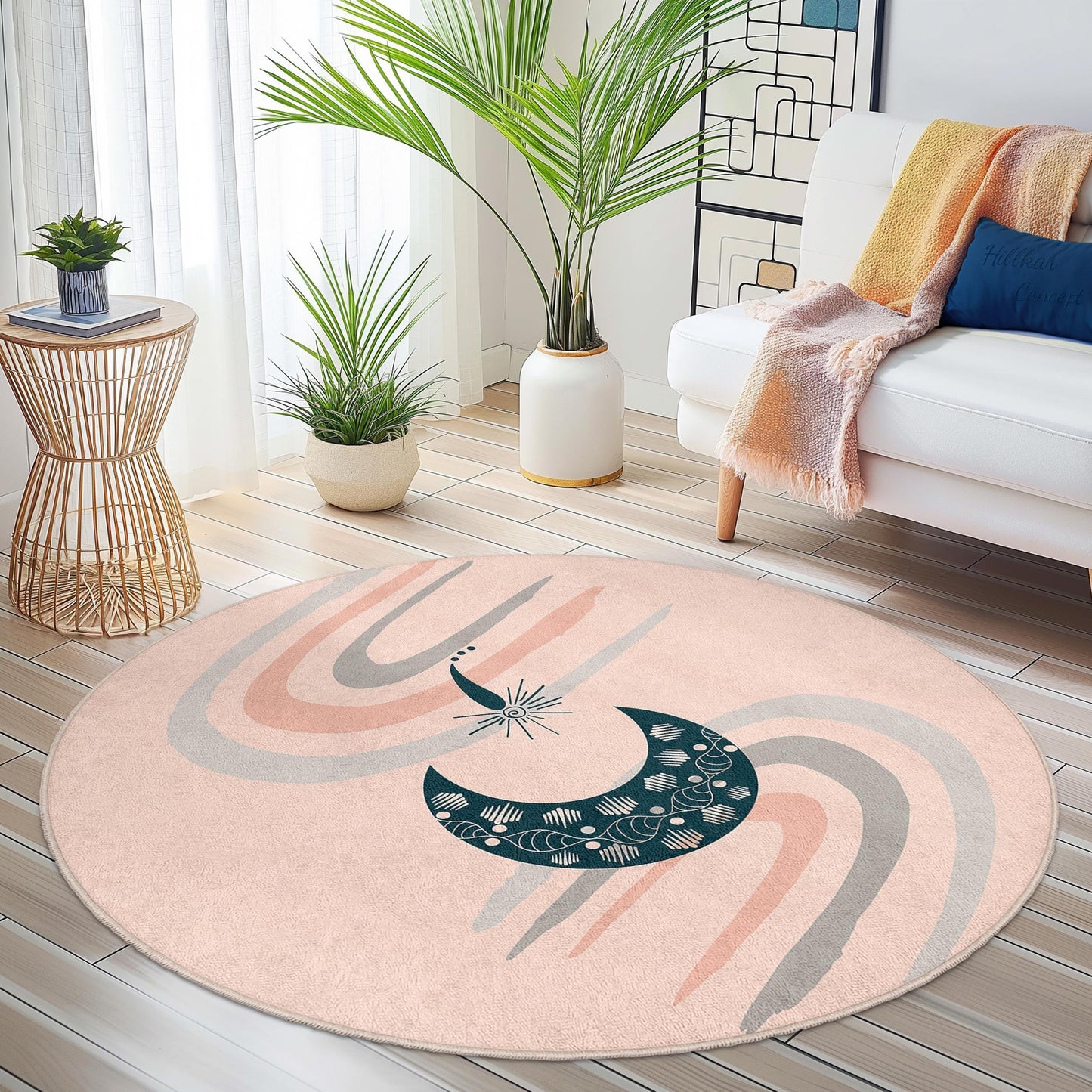 Elegant Round Moon and Wave Pattern Rug, Boho Style Area Rug, Soft Circular Carpet for Home Decor, Unique Floor Mat