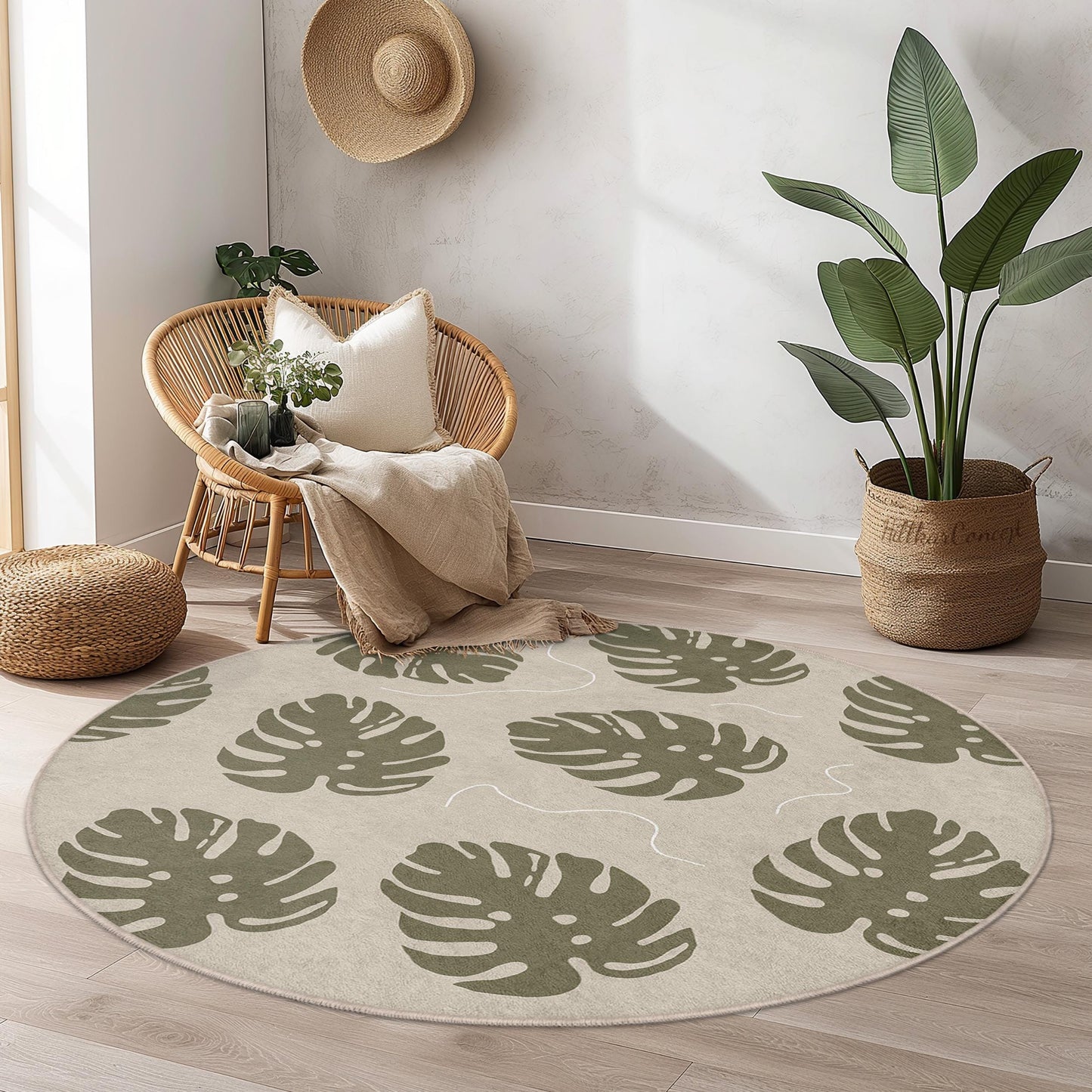 Tropical Monstera Leaf Round Area Rug, Boho Chic Floor Mat, Modern Living Room Decor, Stylish Indoor Rug, Eco-Friendly Home Accessory