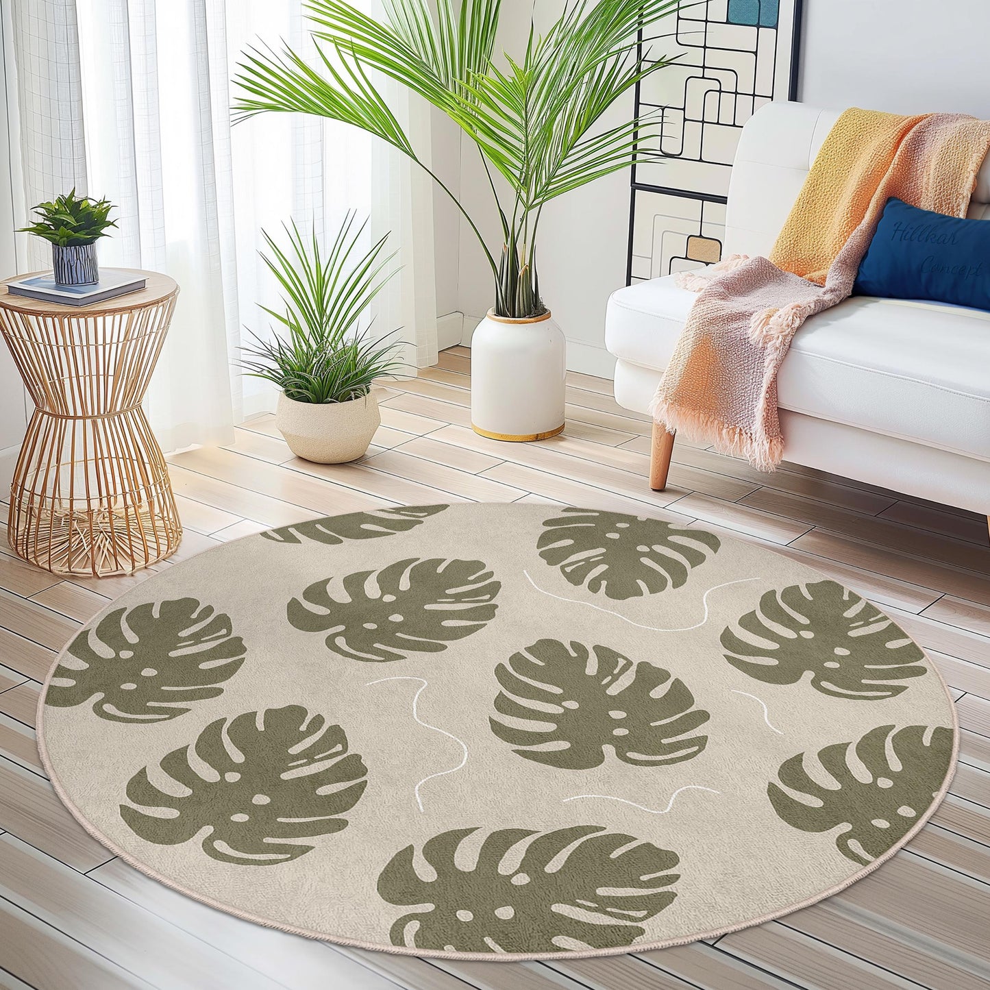Tropical Monstera Leaf Round Area Rug, Boho Chic Floor Mat, Modern Living Room Decor, Stylish Indoor Rug, Eco-Friendly Home Accessory