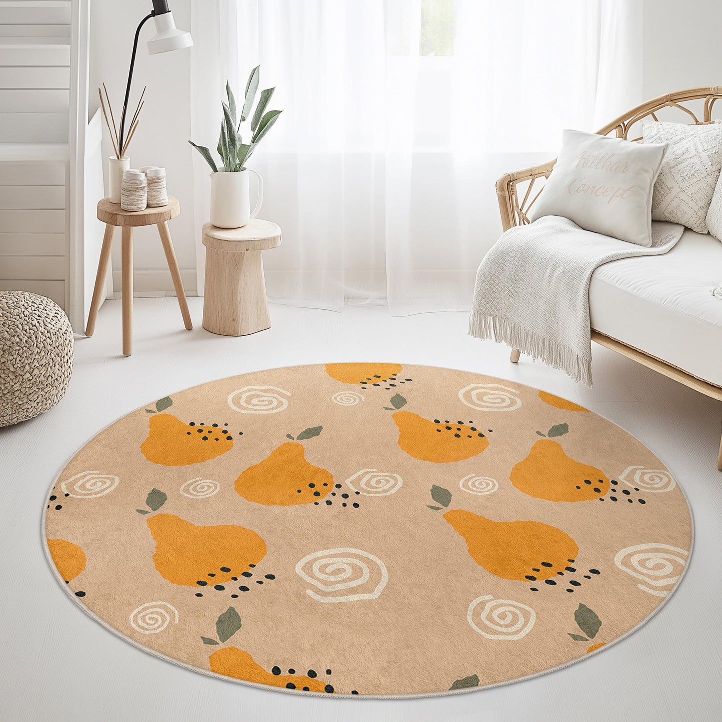 Whimsical Pear Pattern Round Area Rug, Modern Decorative Round Rug, Soft Living Room Rug, Unique Round Carpet for Home Decor