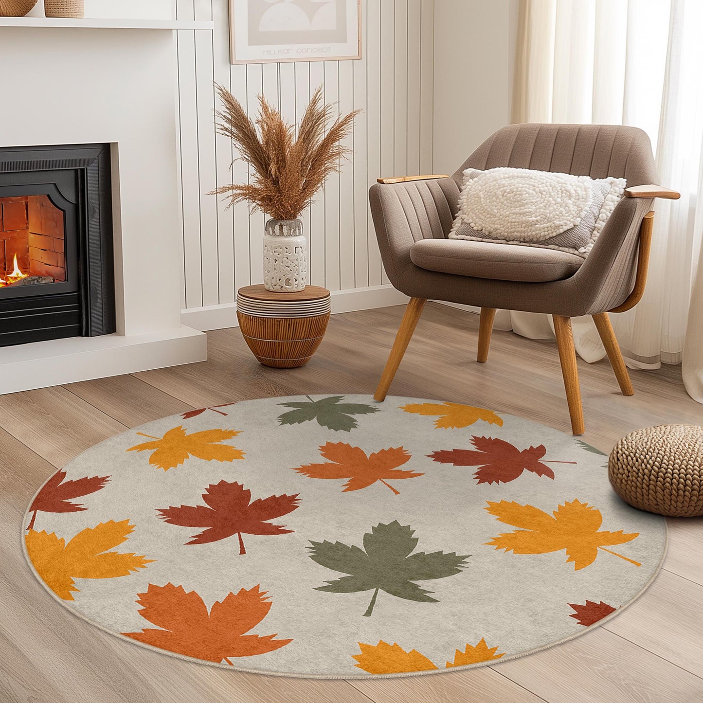 Autumn Leaves Round Area Rug, Fall Decor Carpet, Leaf Pattern Rug for Home, Cozy Living Room Rug, Seasonal Round Rug
