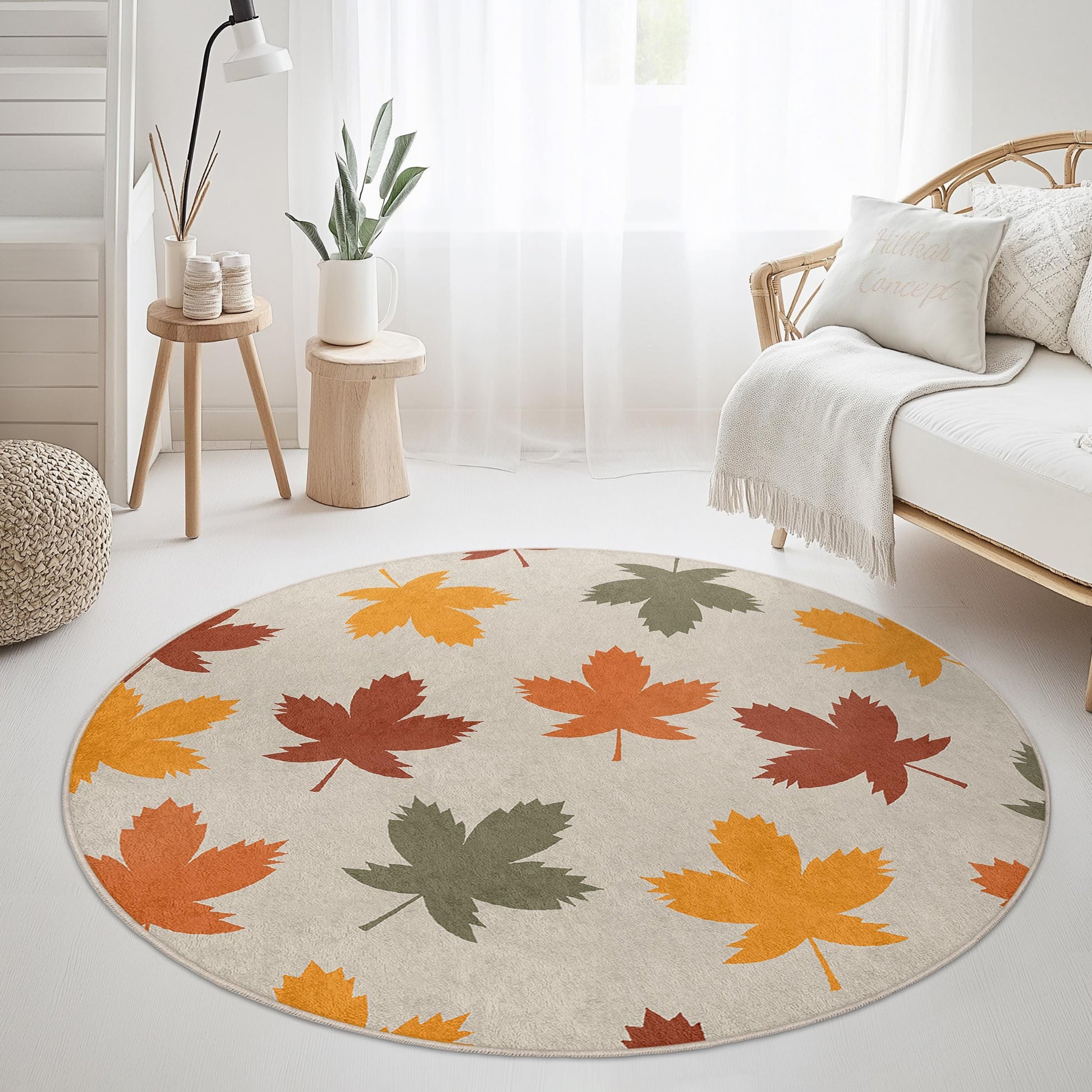 Autumn Leaves Round Area Rug, Fall Decor Carpet, Leaf Pattern Rug for Home, Cozy Living Room Rug, Seasonal Round Rug