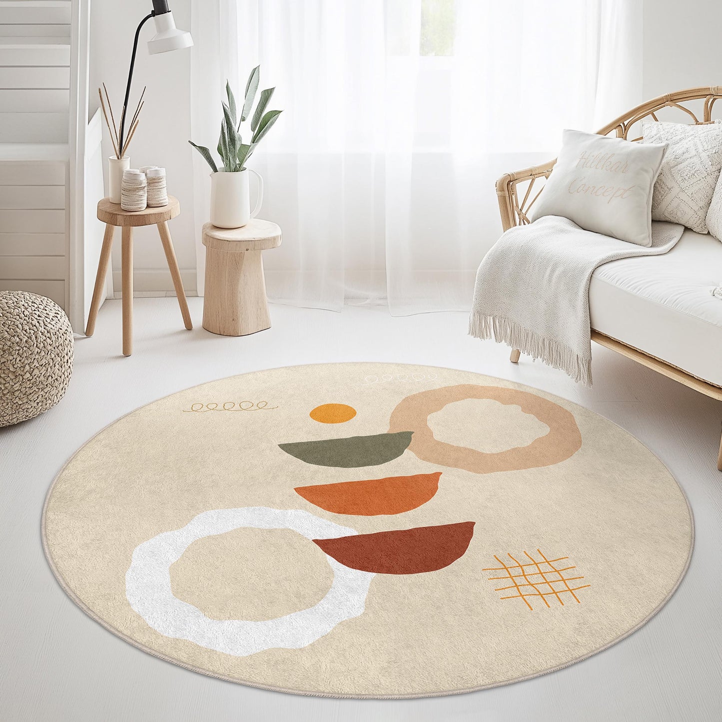 Boho Chic Round Area Rug, Abstract Pattern Circle Rug, Modern Home Decor, Living Room Carpet, Soft Round Floor Mat
