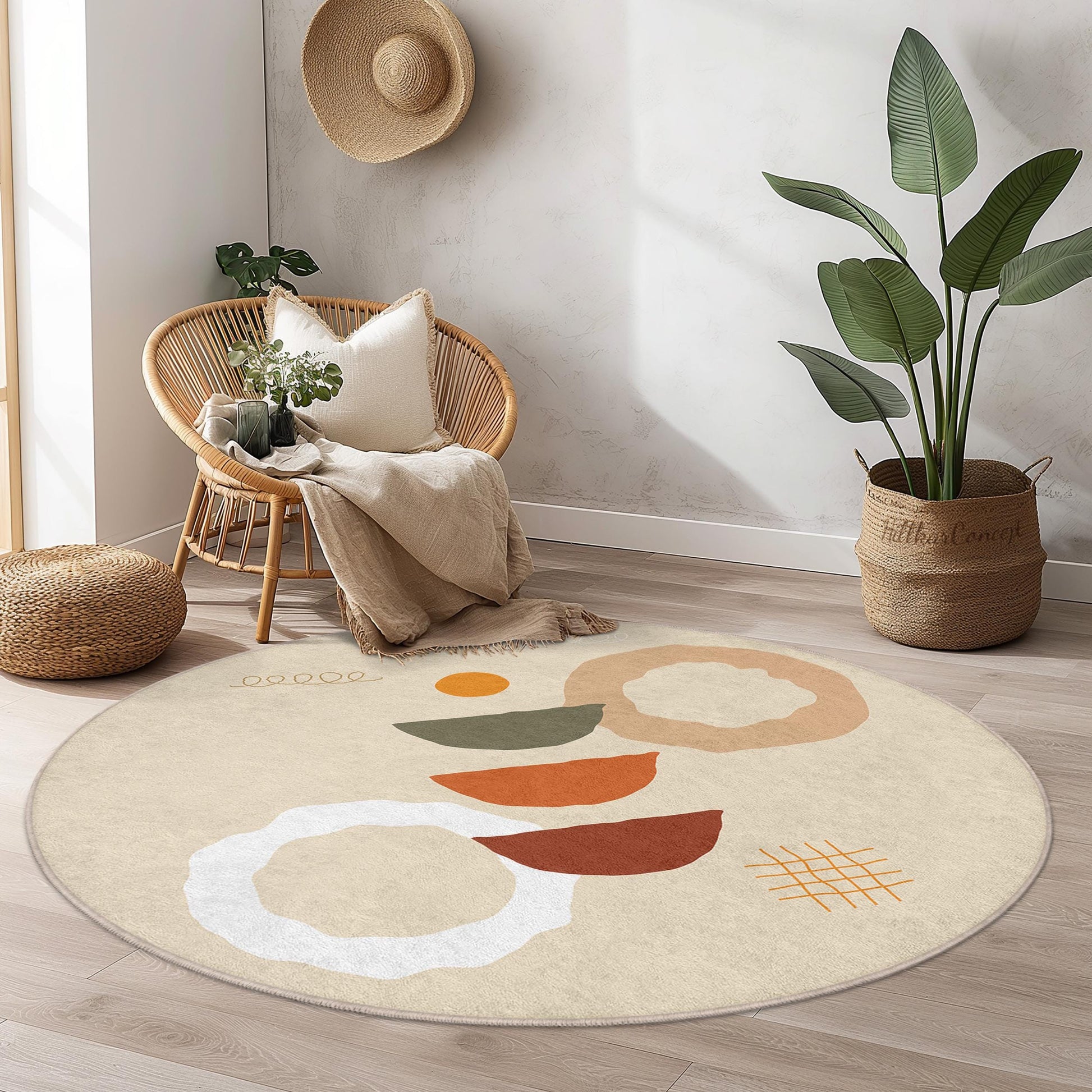 Boho Chic Round Area Rug, Abstract Pattern Circle Rug, Modern Home Decor, Living Room Carpet, Soft Round Floor Mat