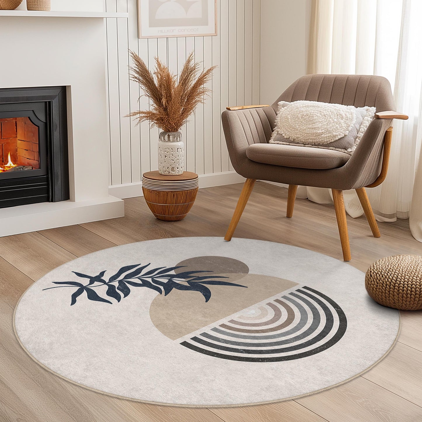 Modern Round Decorative Area Rug with Abstract Leaf Design, Boho Chic Circle Carpet for Living Room, Bedroom, Home Decor