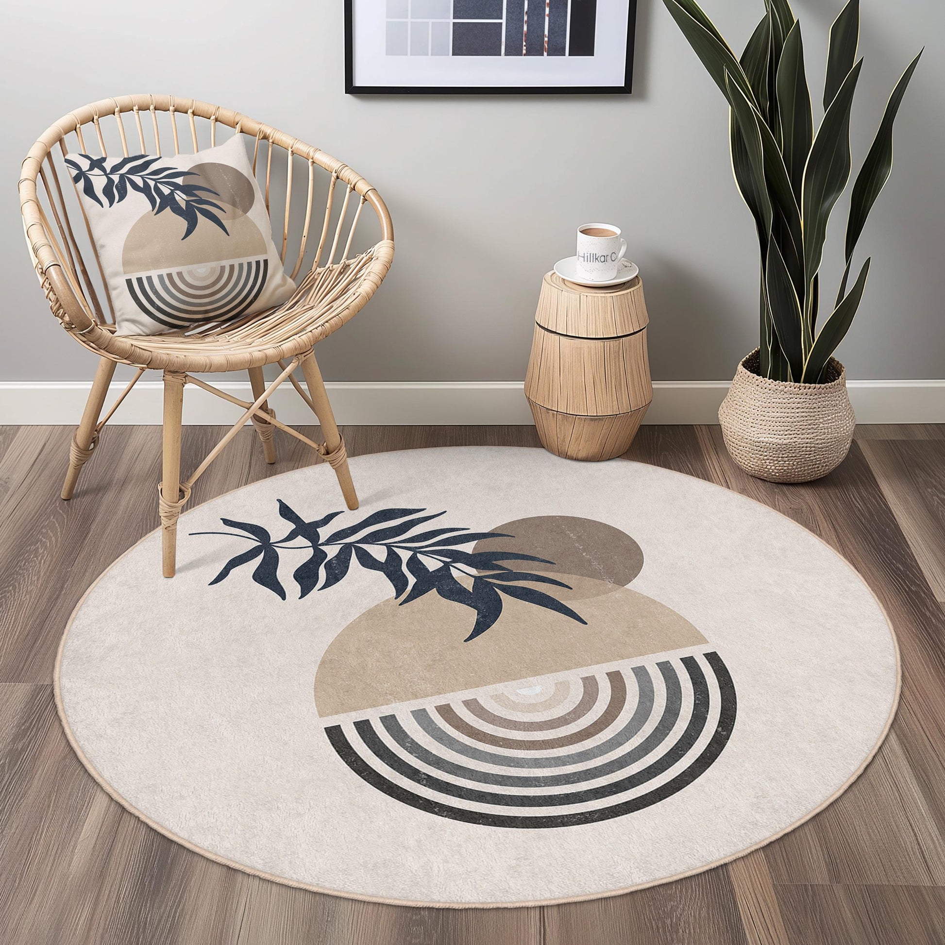 Modern Round Decorative Area Rug with Abstract Leaf Design, Boho Chic Circle Carpet for Living Room, Bedroom, Home Decor