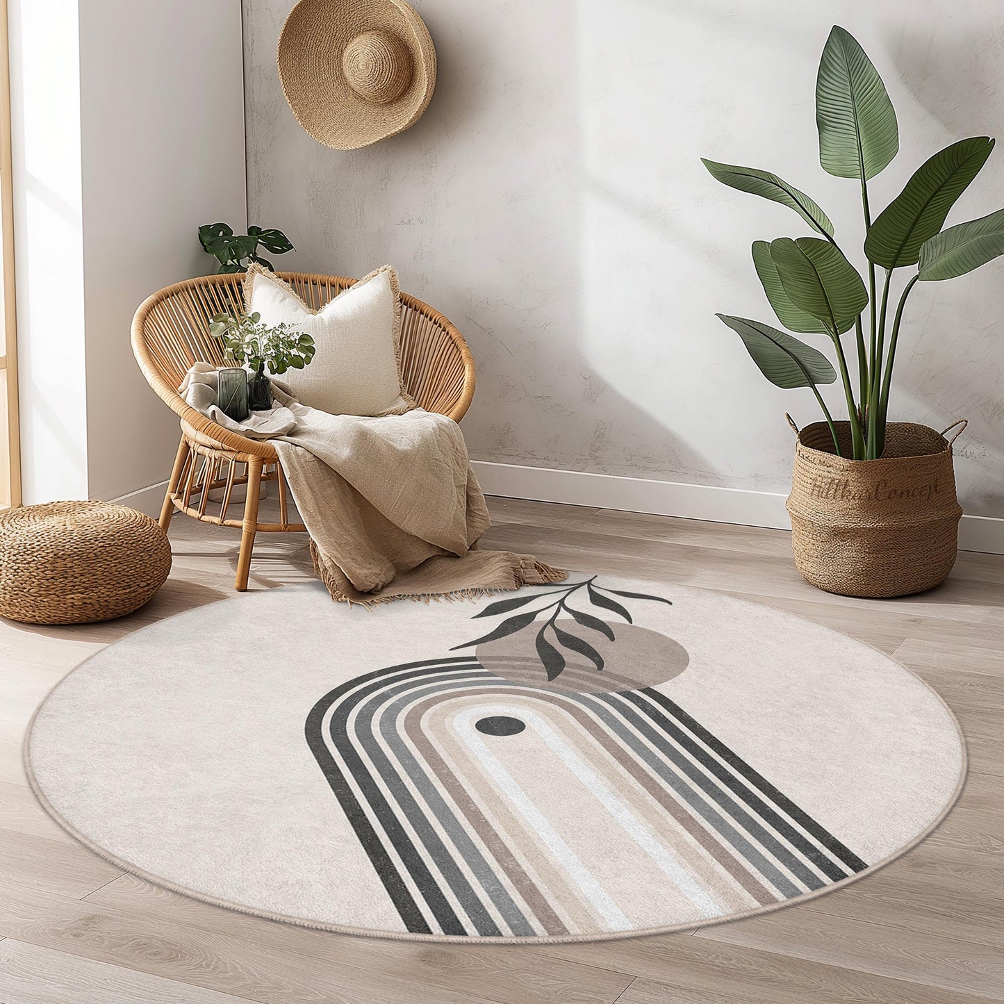Elegant Round Area Rug, Modern Leaf Design Rug, Circle Rug for Living Room, Boho Decor, Soft Indoor Carpet