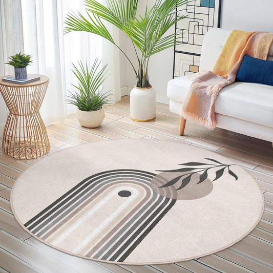 Elegant Round Area Rug, Modern Leaf Design Rug, Circle Rug for Living Room, Boho Decor, Soft Indoor Carpet
