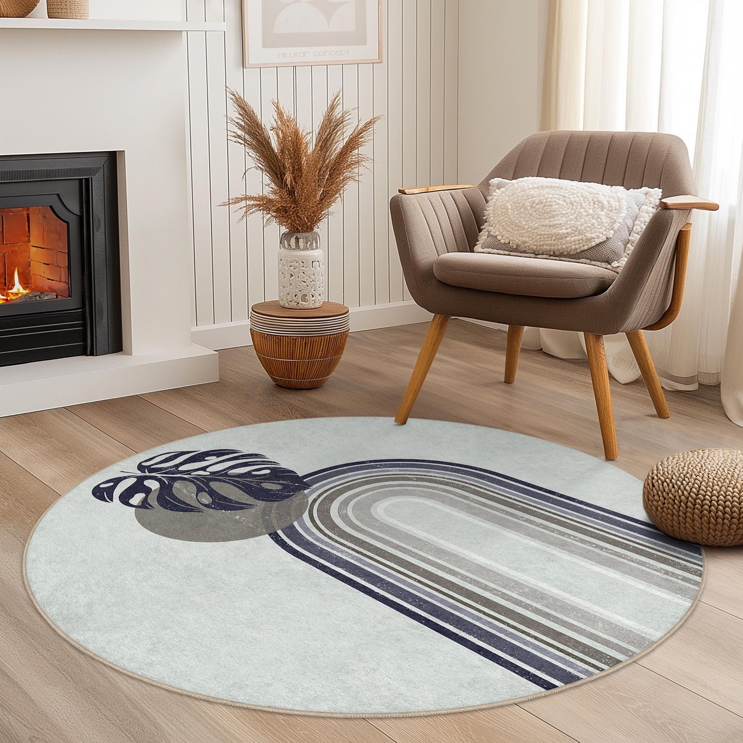 Elegant Monstera Leaf Round Area Rug, Minimalist Botanical Round Rug, Decorative Circular Carpet for Living Room or Bedroom