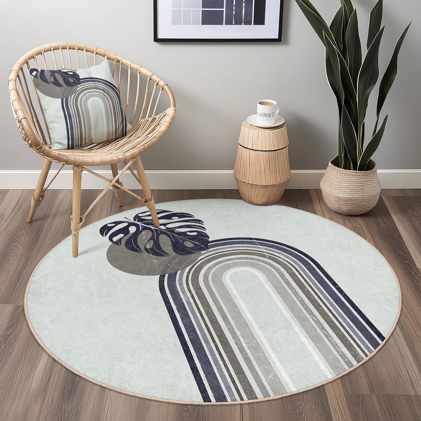 Elegant Monstera Leaf Round Area Rug, Minimalist Botanical Round Rug, Decorative Circular Carpet for Living Room or Bedroom