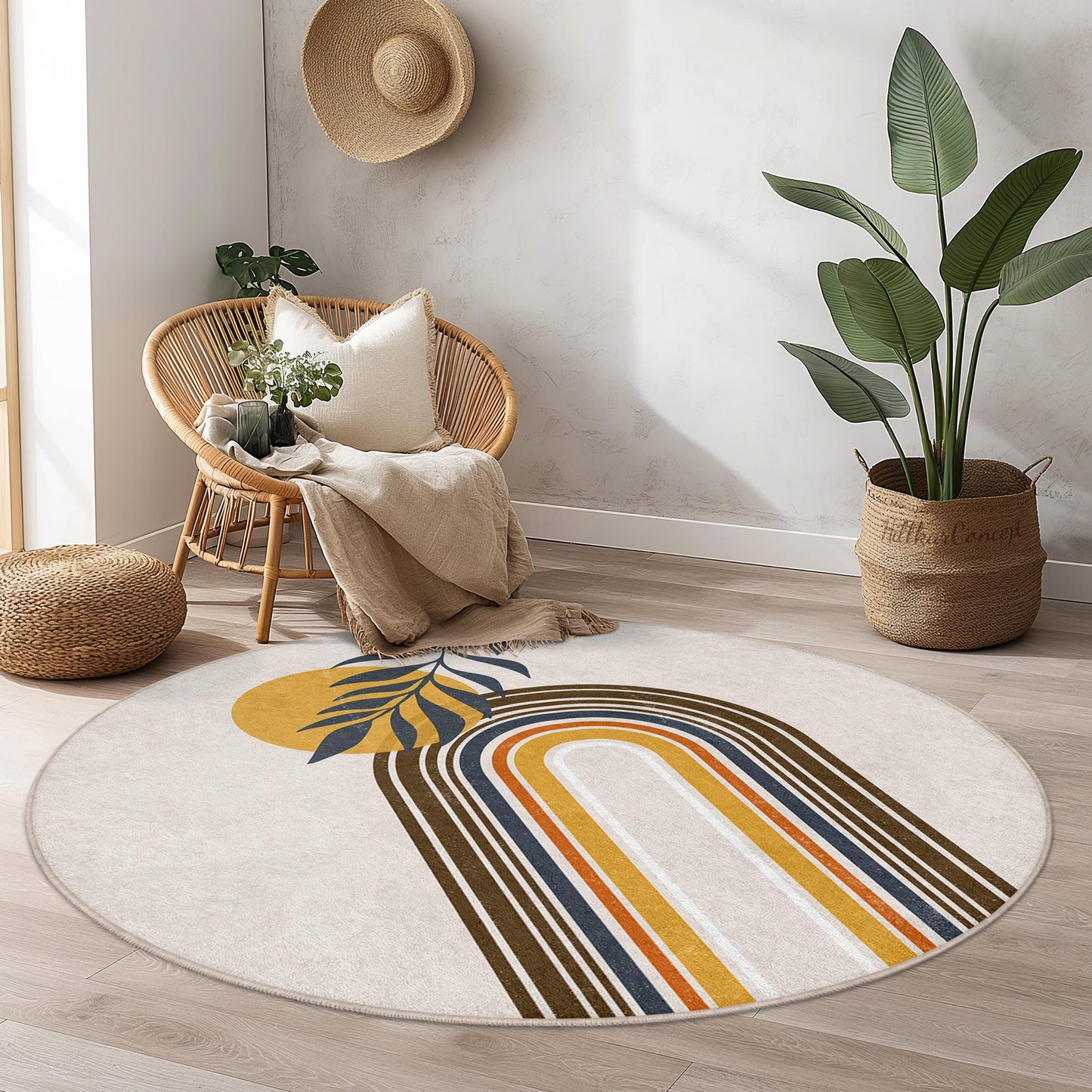 Rainbow Arch Round Area Rug, Modern Round Carpet, Decorative Round Rug, Boho Chic Home Decor, Stylish Living Room Rug