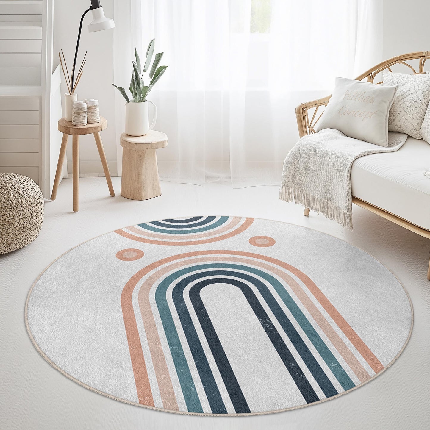 Geometric Rainbow Round Area Rug, Soft Round Rug for Living Room, Stylish Boho Decor, Modern Round Carpet, Home Interior Rug
