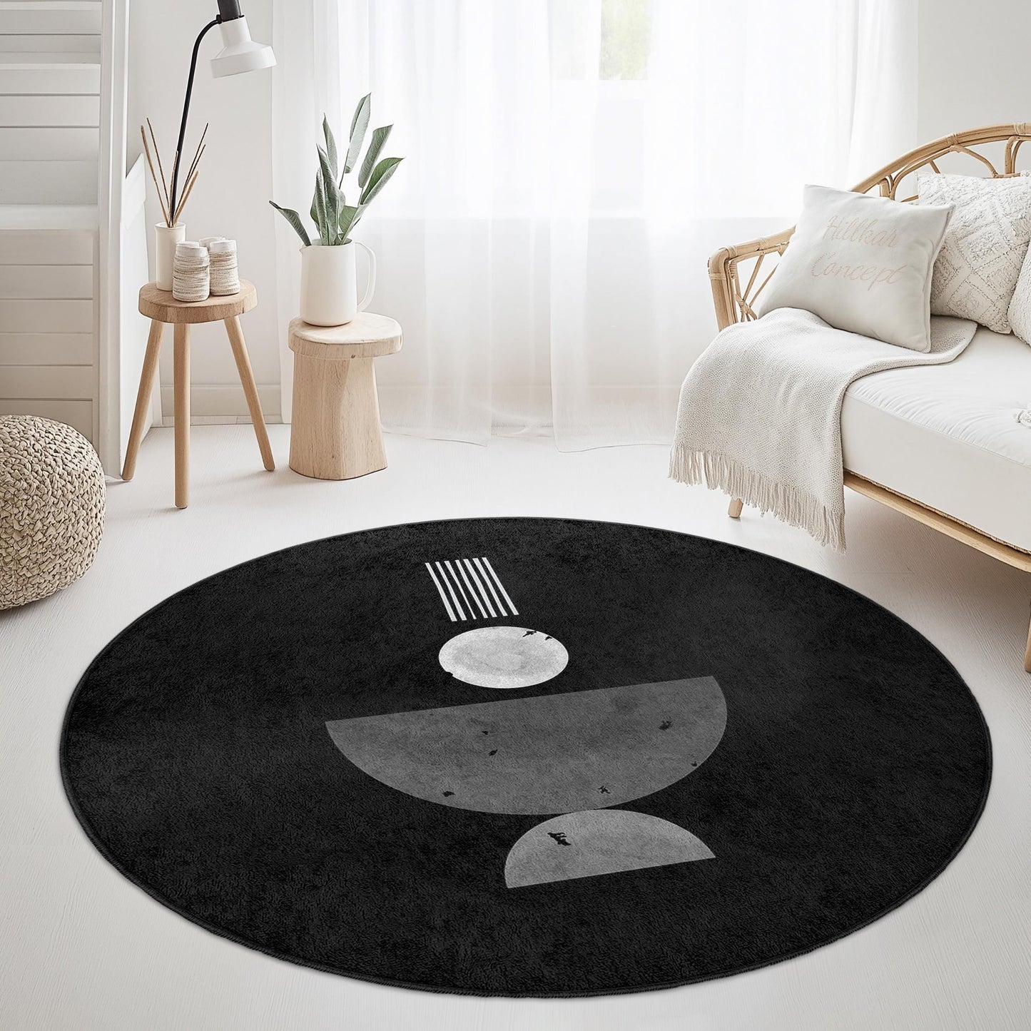 Abstract Geometric Round Area Rug, Black and White Modern Rug, Circular Floor Mat for Living Room, Unique Home Decor Rug