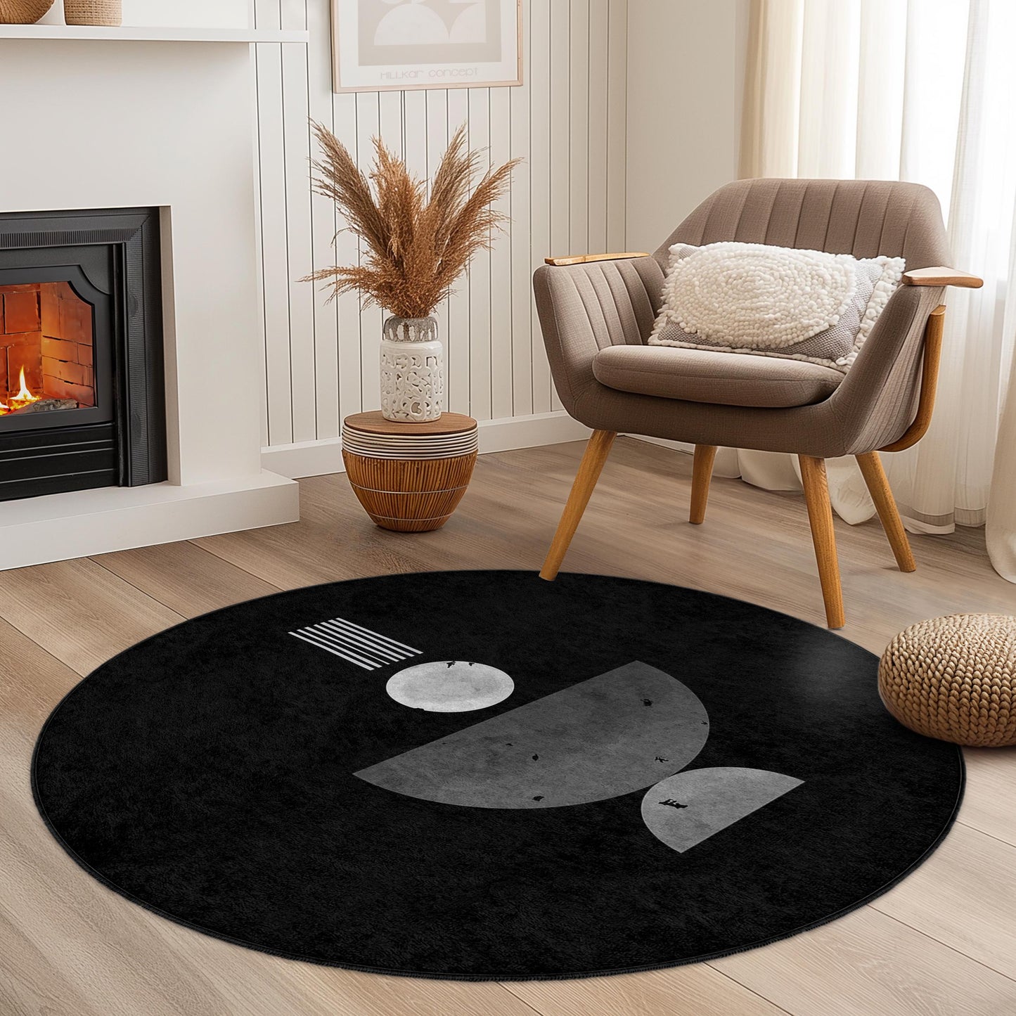 Abstract Geometric Round Area Rug, Black and White Modern Rug, Circular Floor Mat for Living Room, Unique Home Decor Rug