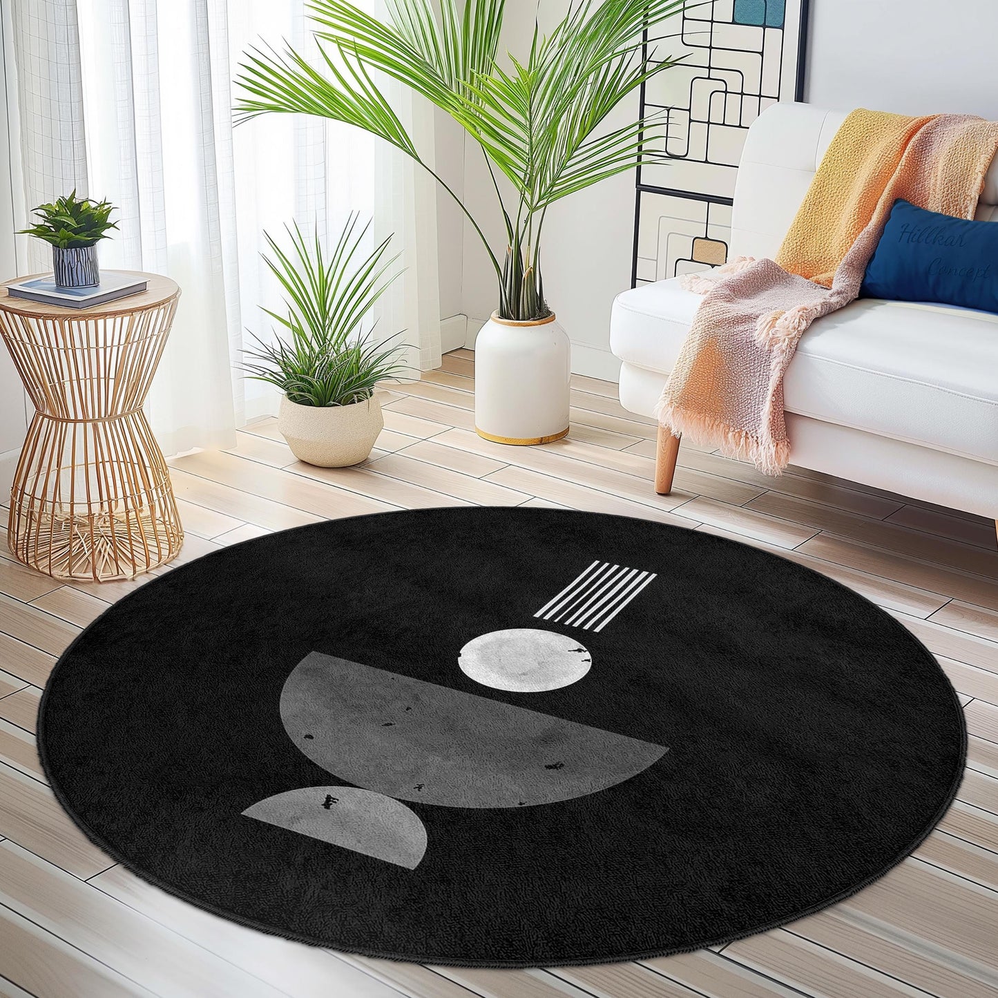 Abstract Geometric Round Area Rug, Black and White Modern Rug, Circular Floor Mat for Living Room, Unique Home Decor Rug