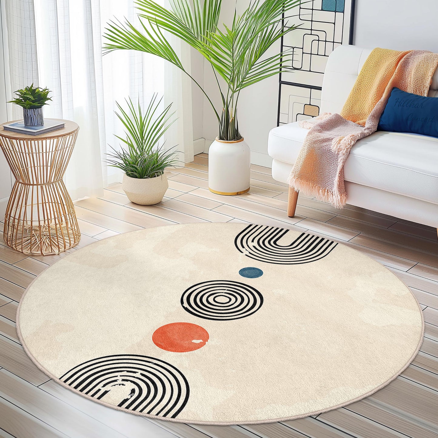 Stylish Round Area Rug with Modern Geometric Patterns, Soft Circular Carpet for Living Room, Bedroom, or Office Decor