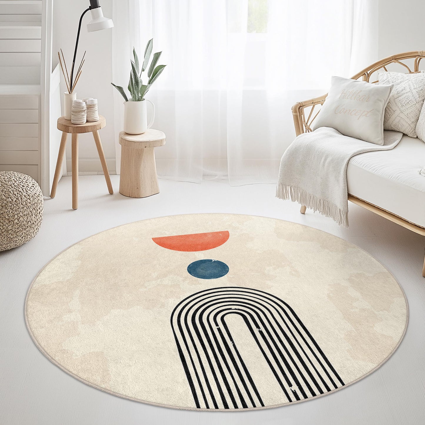 Abstract Geometric Round Rug, Modern Art Decor, Bohemian Circle Area Rug, Living Room Rug, Stylish Floor Covering