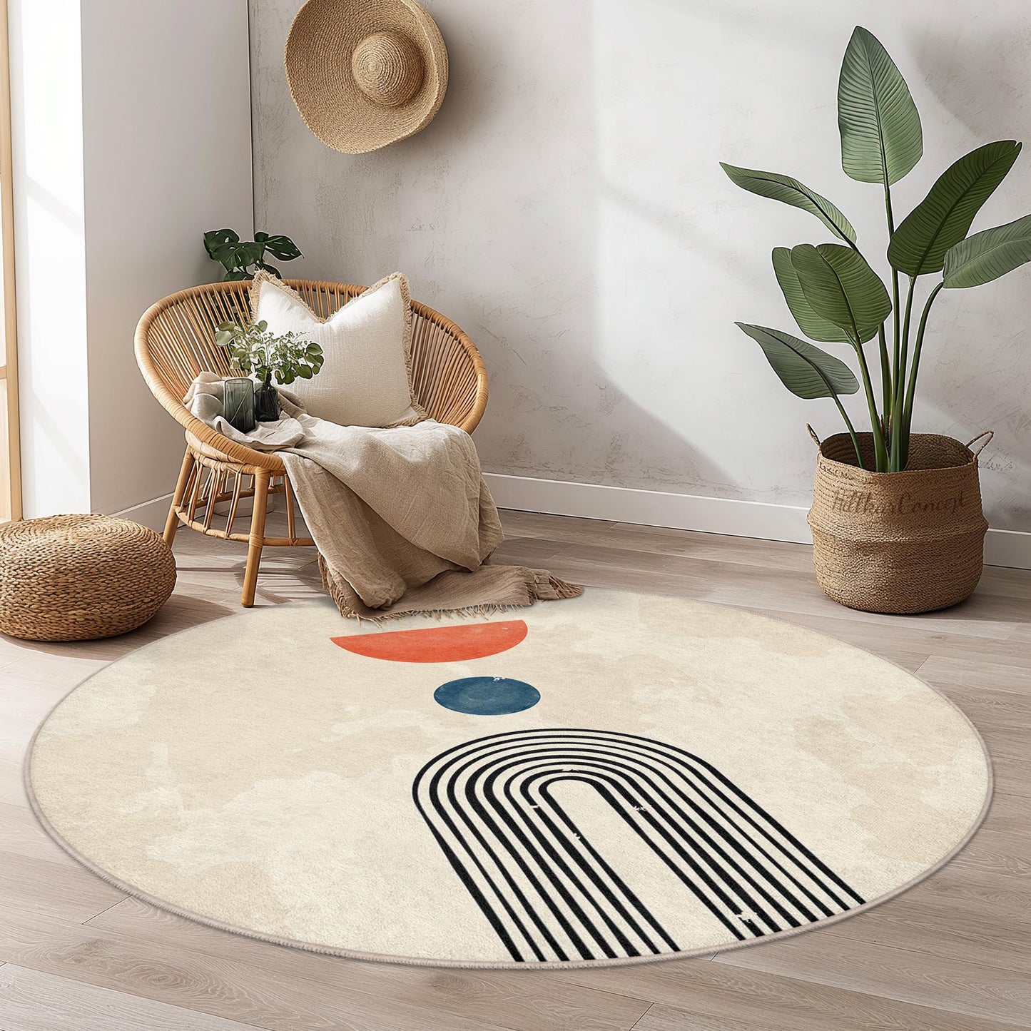 Abstract Geometric Round Rug, Modern Art Decor, Bohemian Circle Area Rug, Living Room Rug, Stylish Floor Covering
