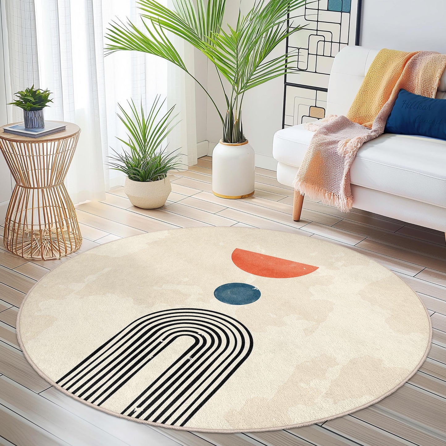 Abstract Geometric Round Rug, Modern Art Decor, Bohemian Circle Area Rug, Living Room Rug, Stylish Floor Covering