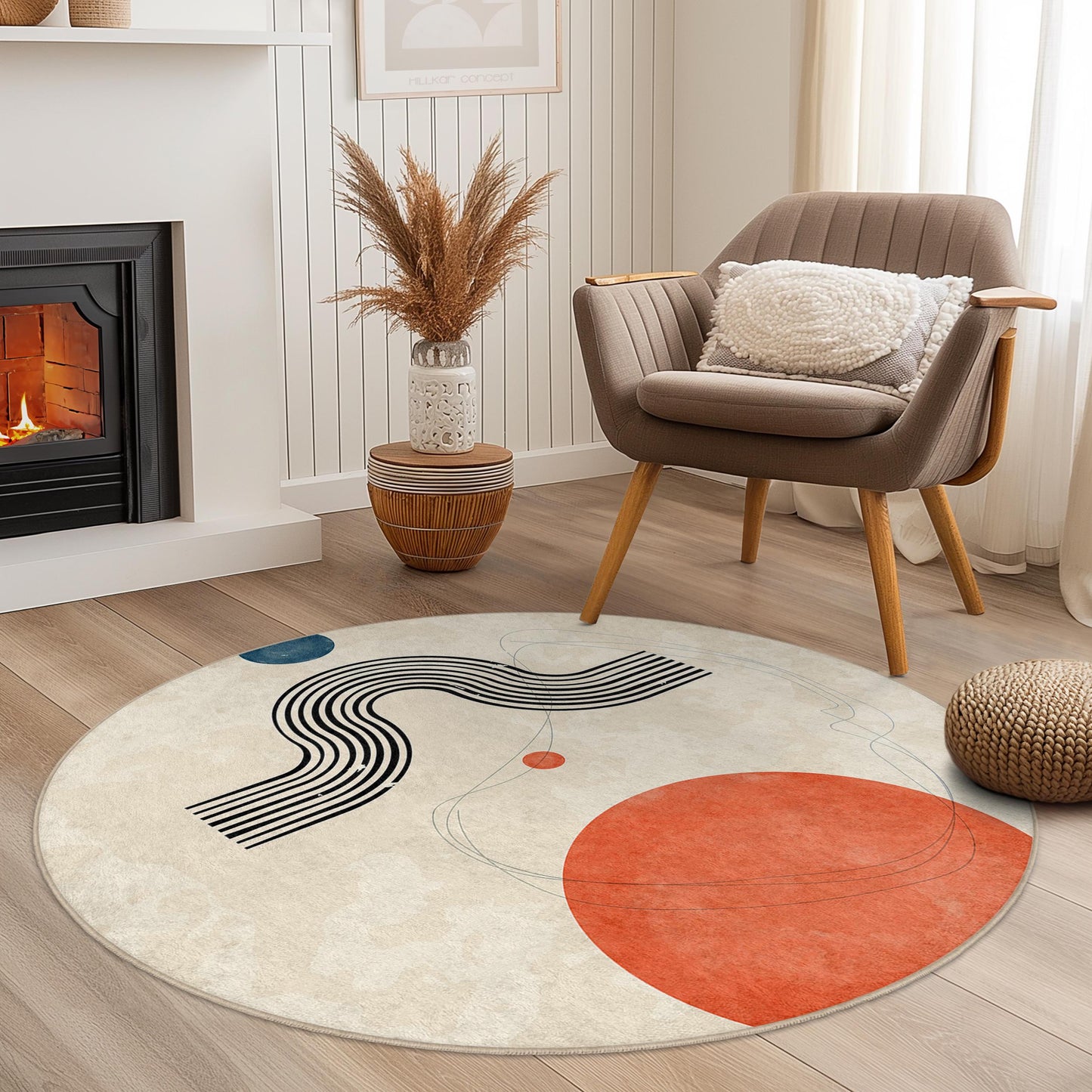 Artistic Round Area Rug with Abstract Shapes, Modern Round Carpet for Home Decor, Geometric Design Rug, Stylish Living Room Mat
