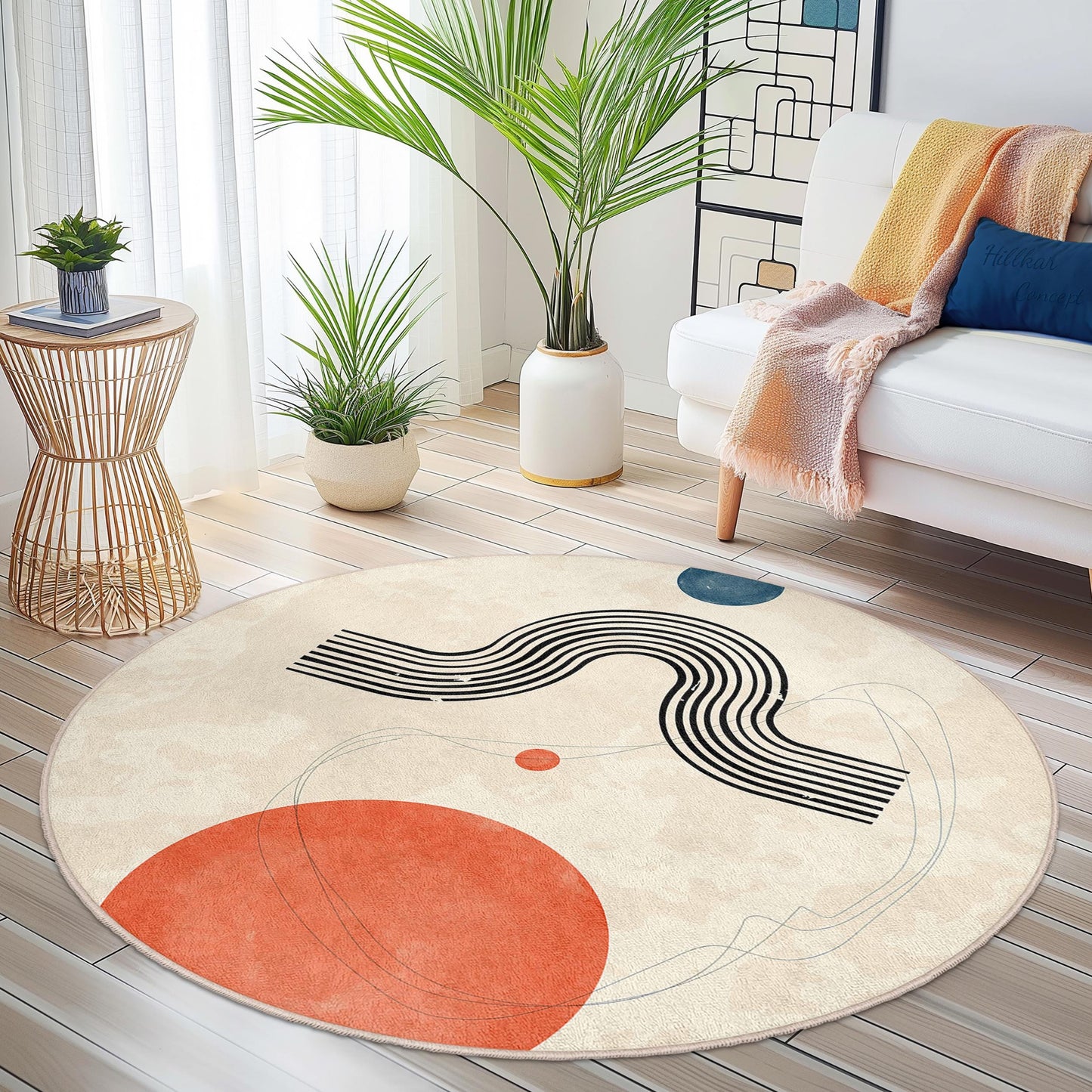 Artistic Round Area Rug with Abstract Shapes, Modern Round Carpet for Home Decor, Geometric Design Rug, Stylish Living Room Mat