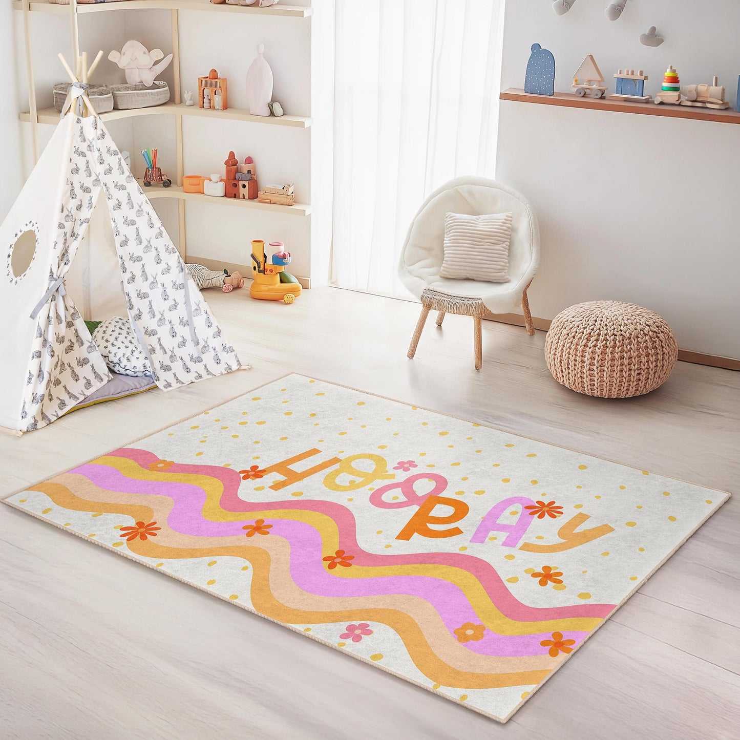 Happy Waves Colorful Kids Rectangle Rug, Playful Nursery Carpet, Joyful Room Decor, Kids Bedroom Mat, Fun Playroom Rug