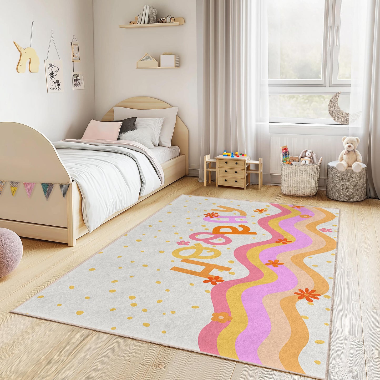 Happy Waves Colorful Kids Rectangle Rug, Playful Nursery Carpet, Joyful Room Decor, Kids Bedroom Mat, Fun Playroom Rug