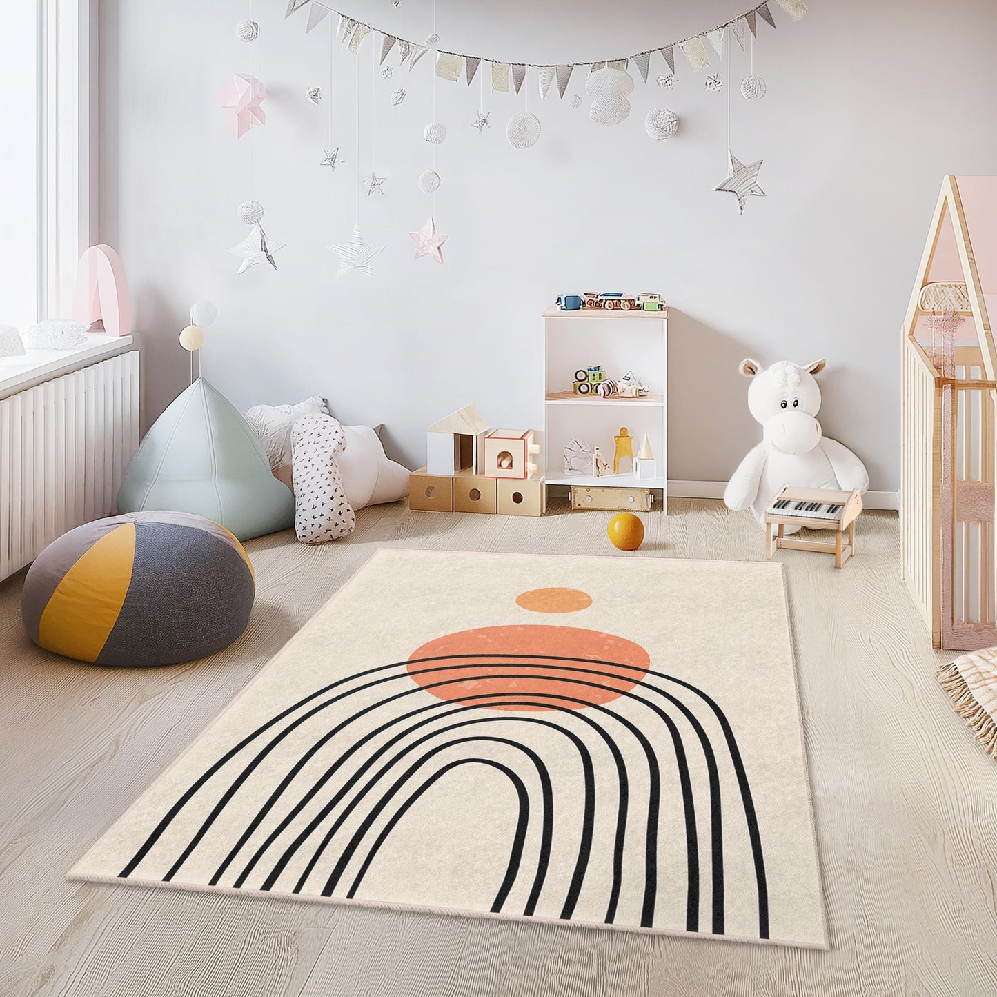 Modern Abstract Rainbow Area Rug, Rectangular Kids Room Carpet, Colorful Playroom Decor, Soft Nursery Rug, Unique Geometric Design