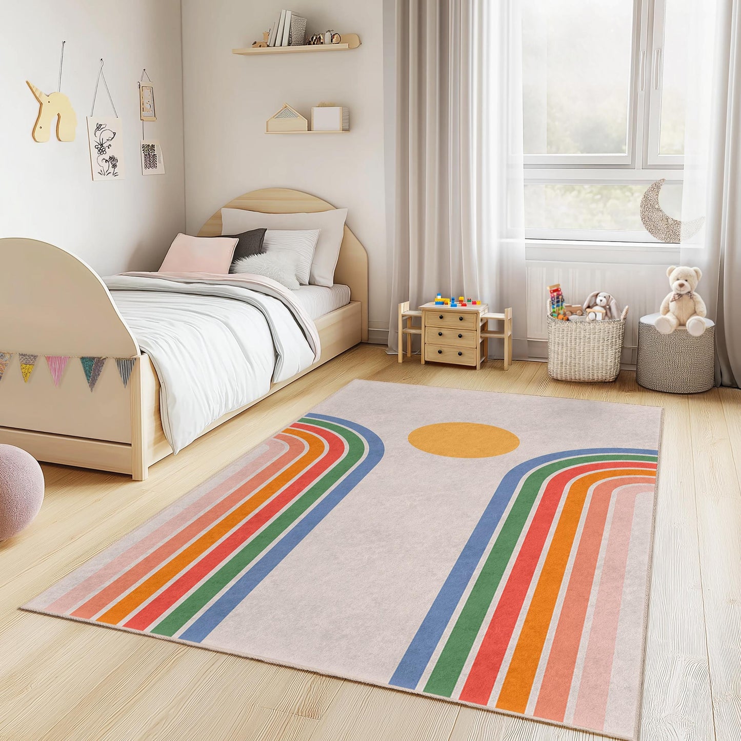 Rainbow Arches Rectangular Kids Rug, Colorful Playroom Carpet, Children Room Decor, Soft Nursery Mat, Modern Kids Rug