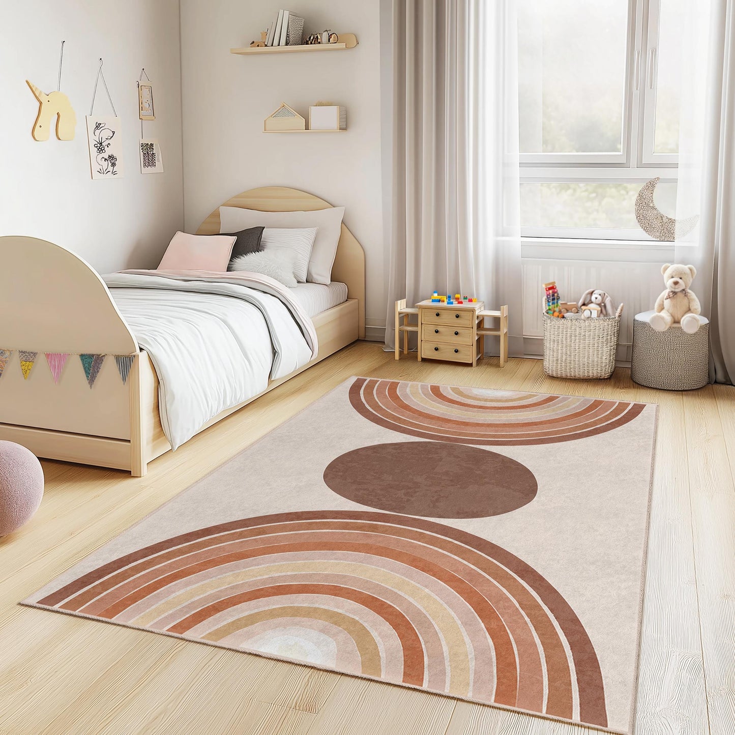 Geometric Rainbow Kids Room Rug, Rectangular Playroom Carpet, Modern Nursery Decor, Soft Area Rug for Children