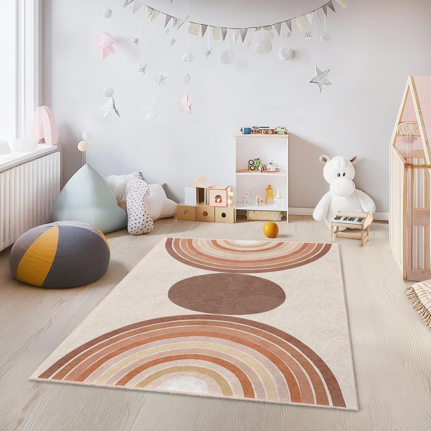 Geometric Rainbow Kids Room Rug, Rectangular Playroom Carpet, Modern Nursery Decor, Soft Area Rug for Children