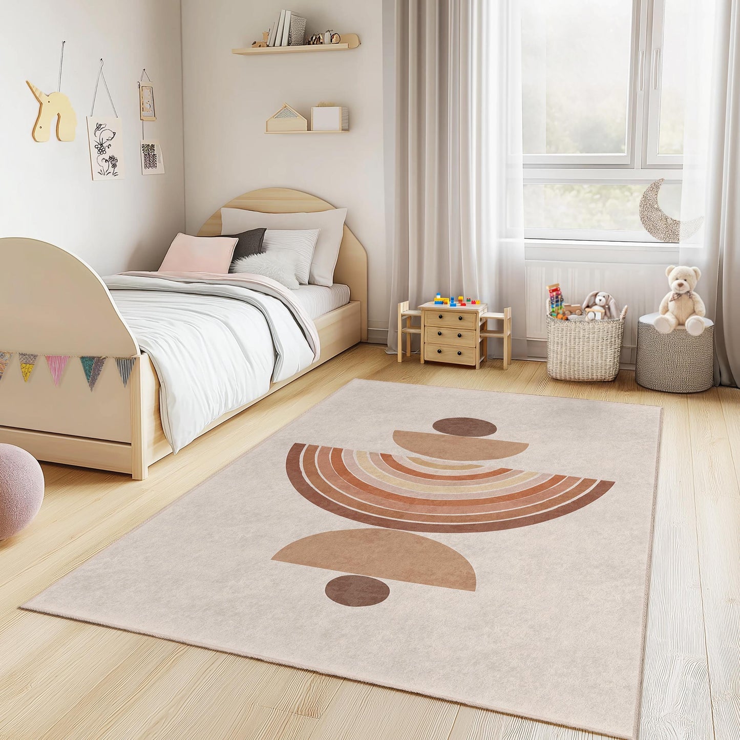 Geometric Pattern Kids Rectangle Rug, Modern Boho Style Carpet for Children, Soft Nursery Decor, Playroom Area Rug