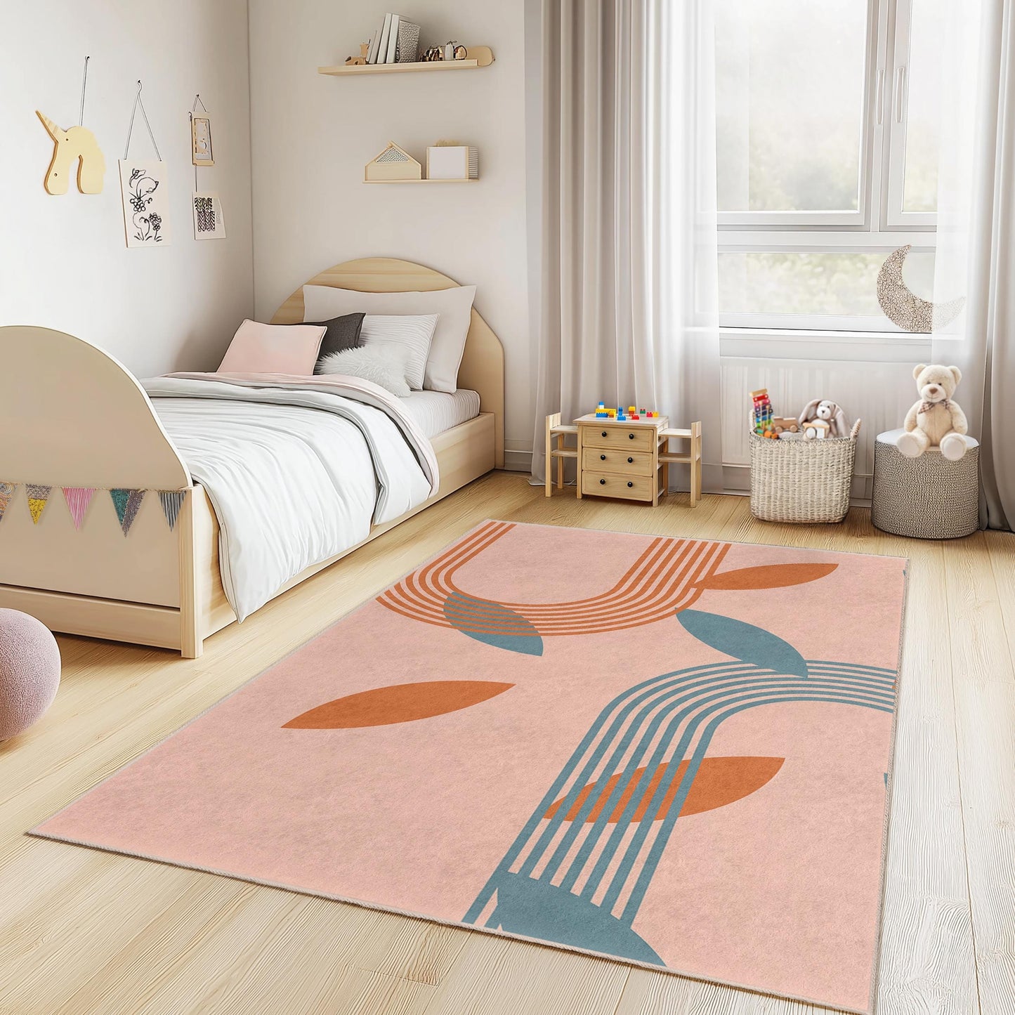 Modern Leaf Pattern Rectangular Rug for Kids Room, Stylish Kids Carpet, Nursery Decor, Playroom Essentials, Soft Area Rug