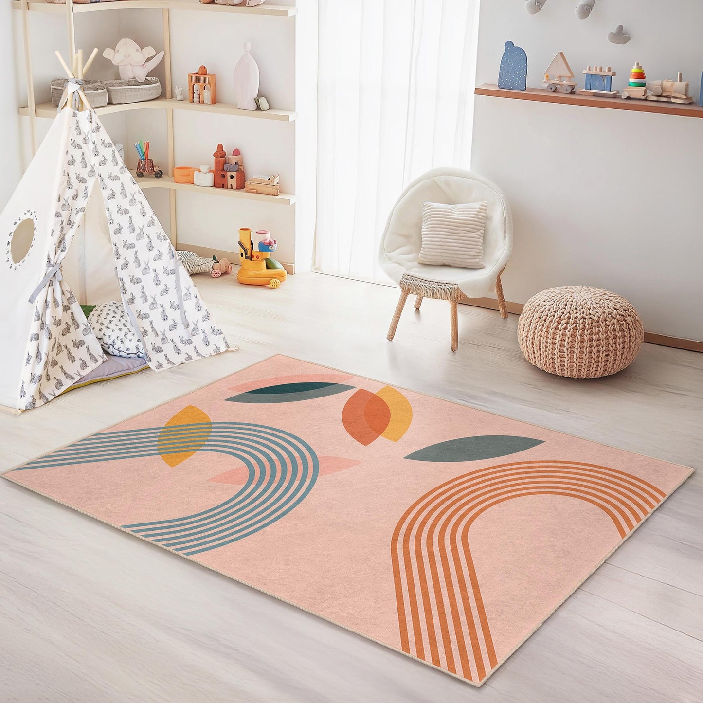 Abstract Colorful Lines and Shapes Rectangular Kids Rug, Modern Playroom Carpet, Nursery Decor, Soft Kids Room Rug